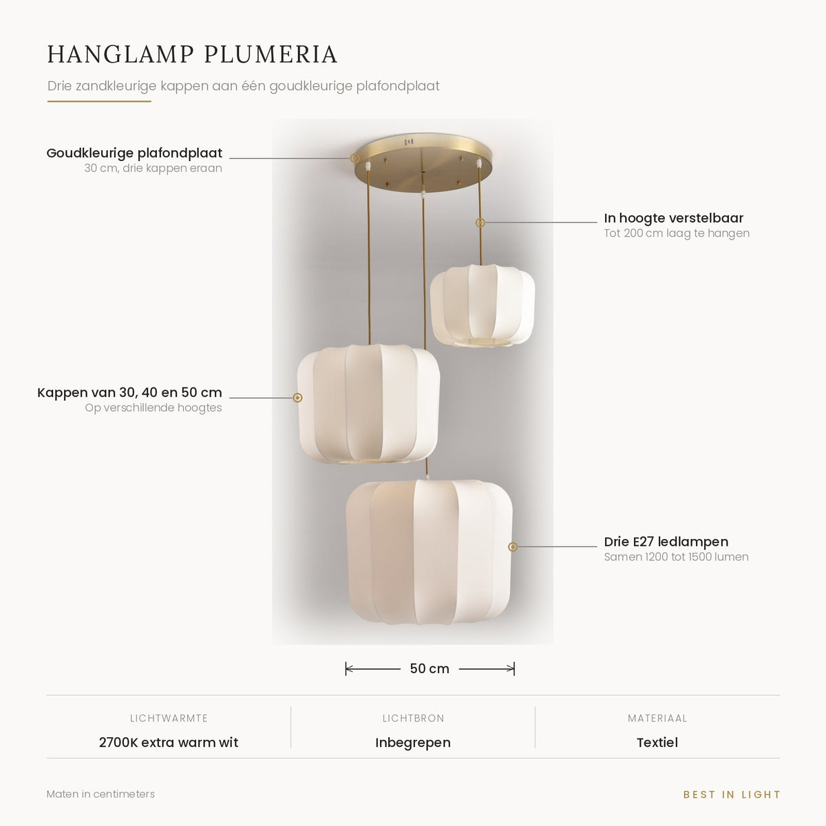 Hanglamp Plumeria met maten en kenmerken: plafondplaat van 30 cm met drie kappen van 30, 40 en 50 cm, verstelbaar tot 200 cm