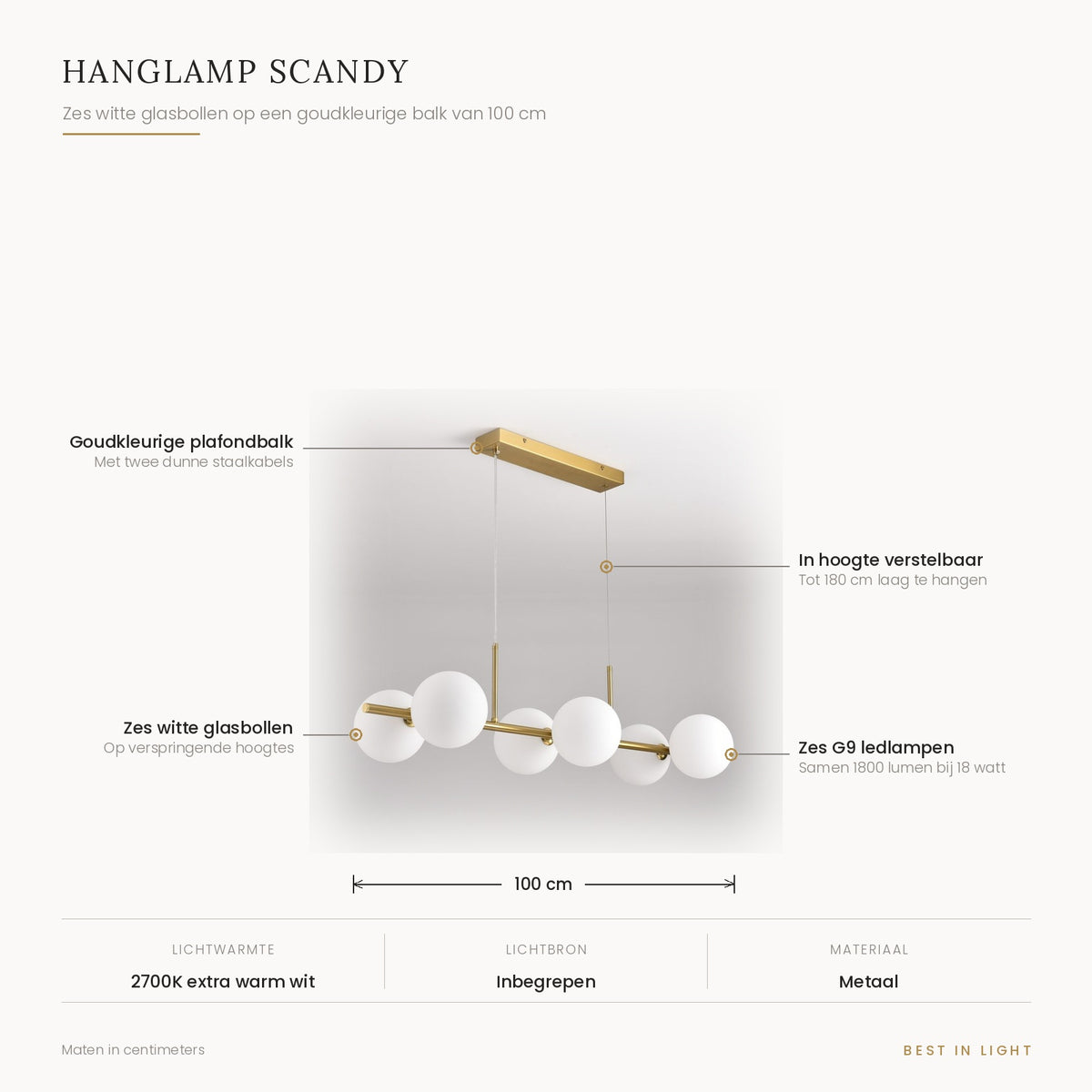 Hanglamp Scandy met maten en kenmerken: zes witte glasbollen op een goudkleurige balk van 100 cm, verstelbaar tot 180 cm, samen 1800 lumen