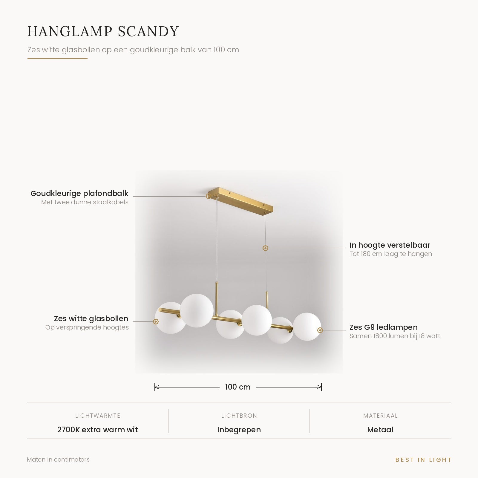 Hanglamp Scandy met maten en kenmerken: zes witte glasbollen op een goudkleurige balk van 100 cm, verstelbaar tot 180 cm, samen 1800 lumen