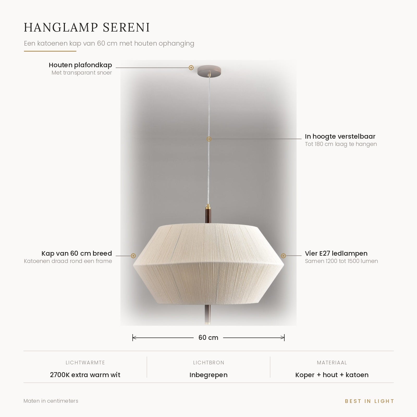 Hanglamp Sereni met maten en kenmerken: katoenen kap van 60 cm, houten plafondkap, verstelbaar tot 180 cm, vier E27 ledlampen