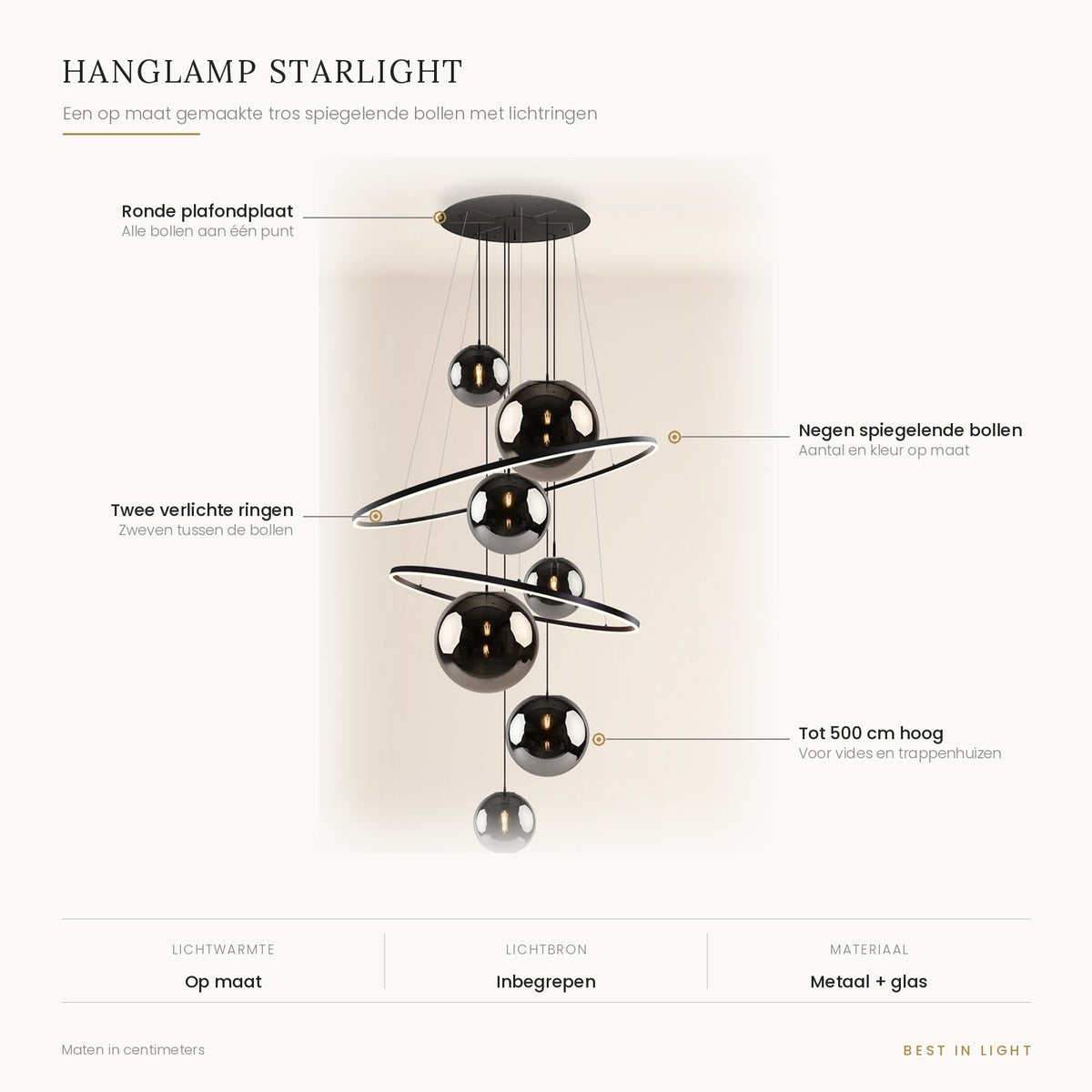 Hanglamp Starlight met kenmerken: op maat gemaakte tros van negen spiegelende bollen met twee verlichte ringen, tot 500 cm hoog