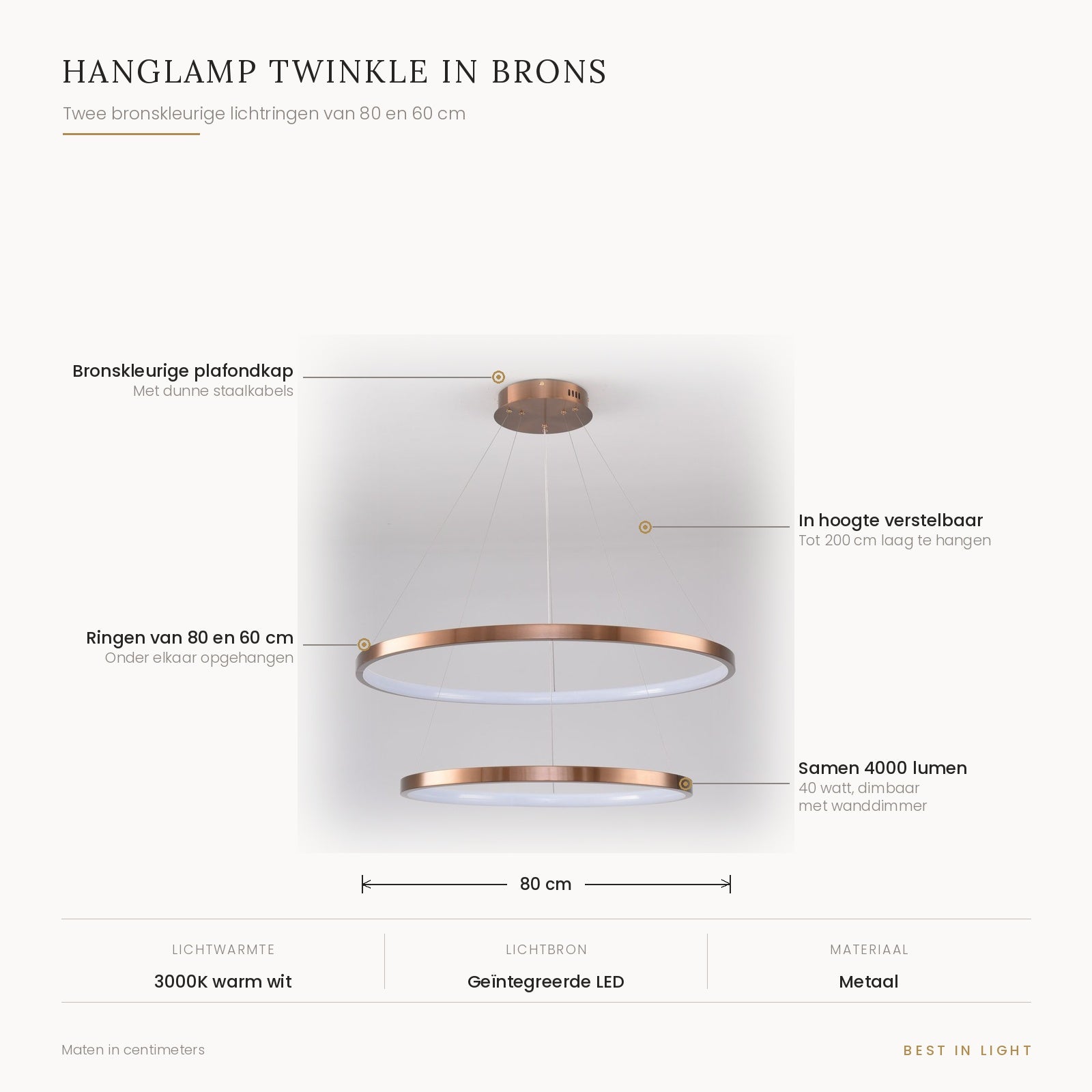 Hanglamp Twinkle in brons met maten en kenmerken: twee lichtringen van 80 en 60 cm, verstelbaar tot 200 cm, samen 4000 lumen bij 40 watt