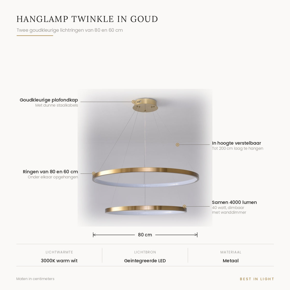 Hanglamp Twinkle in goud met maten en kenmerken: twee lichtringen van 80 en 60 cm, verstelbaar tot 200 cm, samen 4000 lumen bij 40 watt