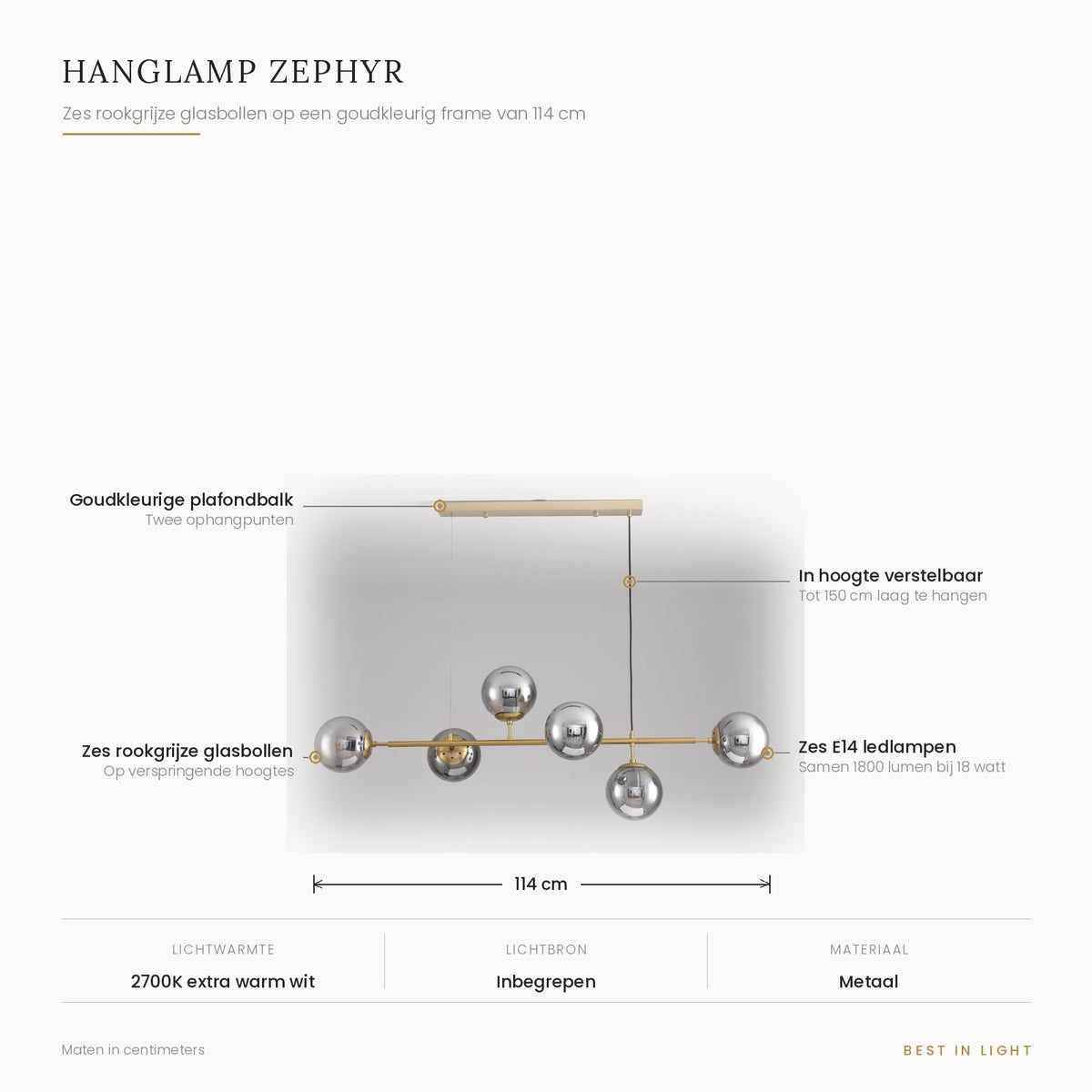 Hanglamp Zephyr met maten en kenmerken: zes rookgrijze glasbollen op een goudkleurig frame van 114 cm, verstelbaar tot 150 cm, samen 1800 lumen