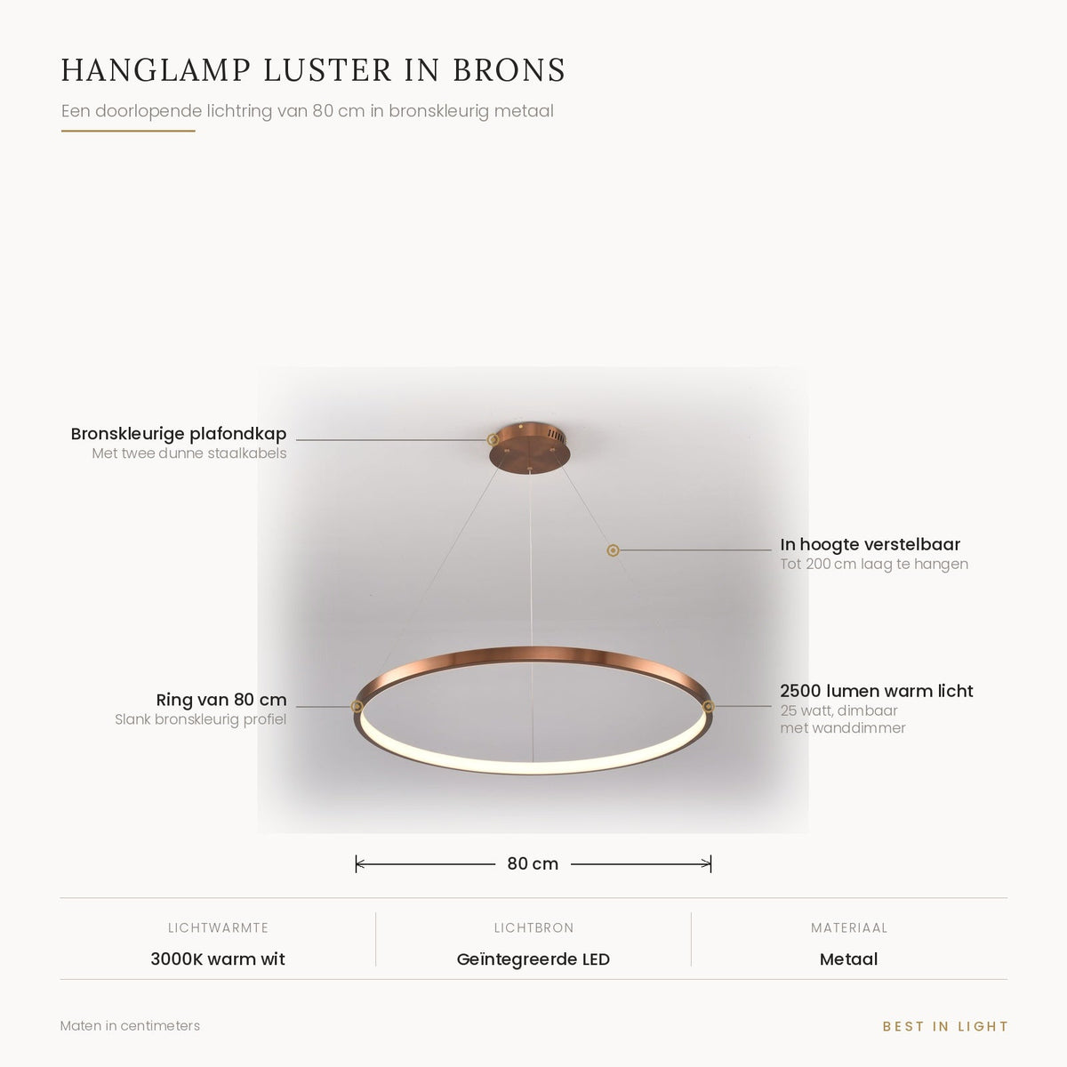Hanglamp Luster in brons met maten en kenmerken: lichtring van 80 cm, verstelbaar tot 200 cm, 2500 lumen bij 25 watt, 3000K warm wit