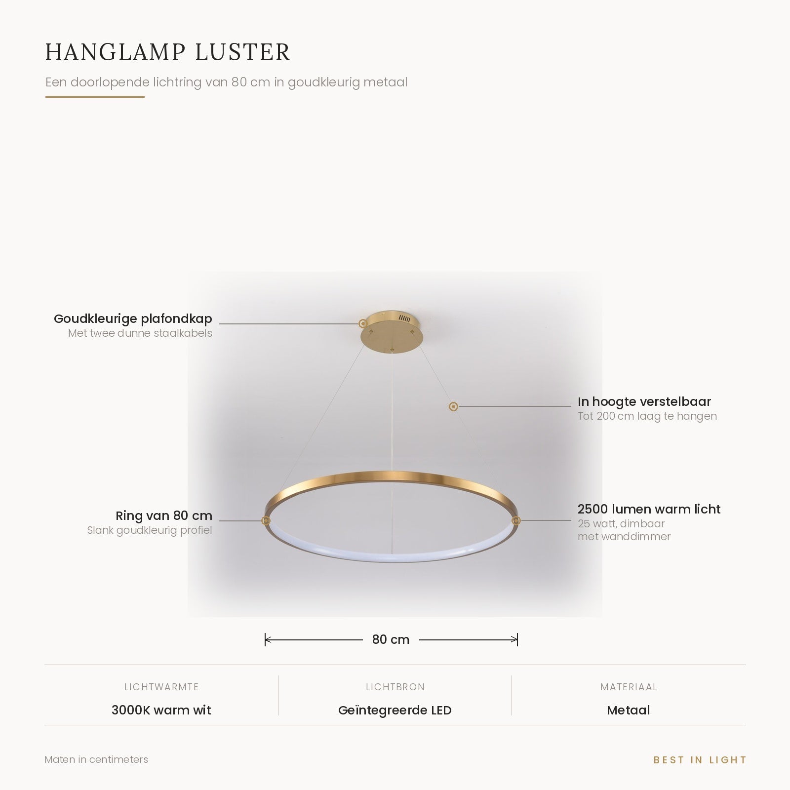 Hanglamp Luster in goud met maten en kenmerken: lichtring van 80 cm, verstelbaar tot 200 cm, 2500 lumen bij 25 watt, 3000K warm wit