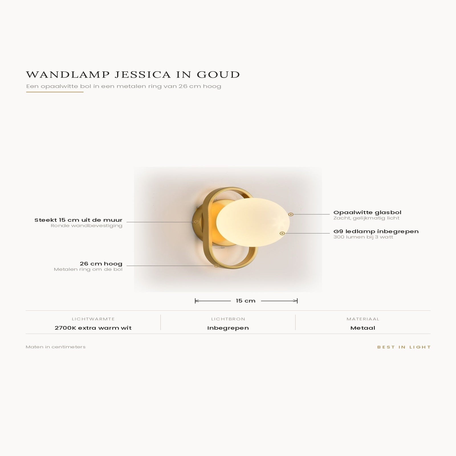 Infographic met maten en kenmerken van wandlamp Jessica in goud