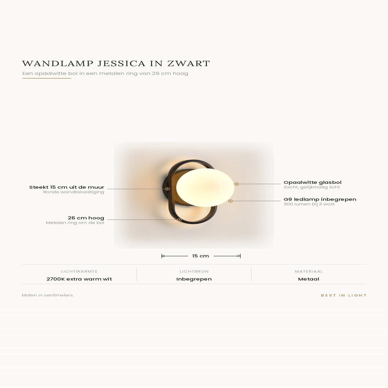Infographic met maten en kenmerken van wandlamp Jessica in zwart