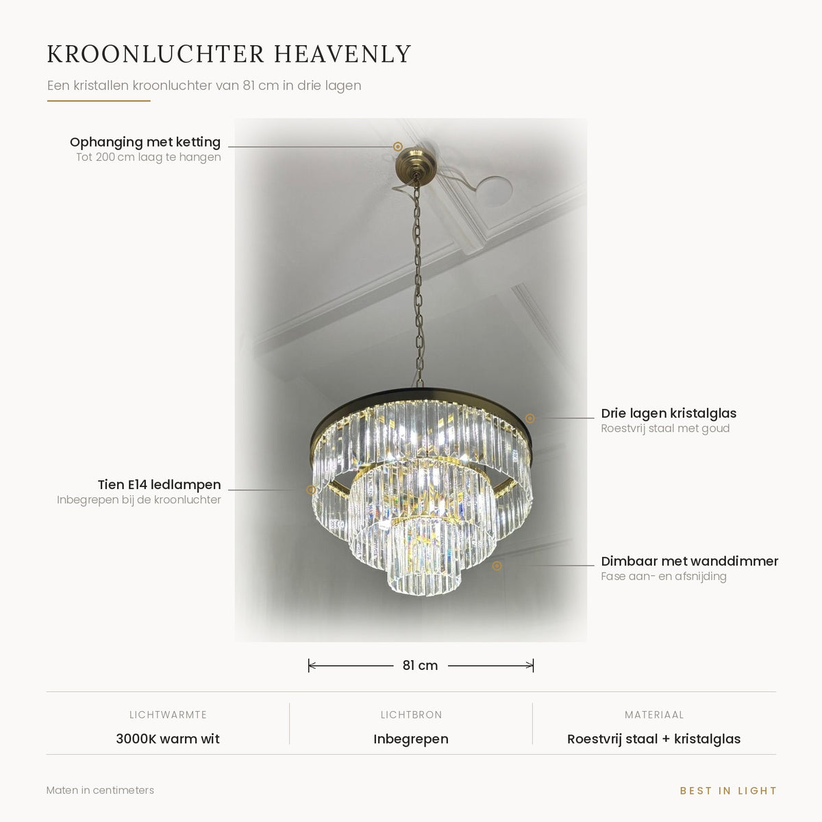 Kroonluchter Heavenly met maten en kenmerken: kristallen kroonluchter van 81 cm in drie lagen, tien E14 ledlampen, tot 200 cm laag te hangen