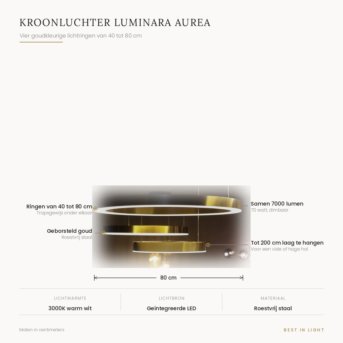 Kroonluchter Luminara Aurea met maten en kenmerken: vier goudkleurige lichtringen van 40 tot 80 cm, tot 200 cm laag te hangen, samen 7000 lumen