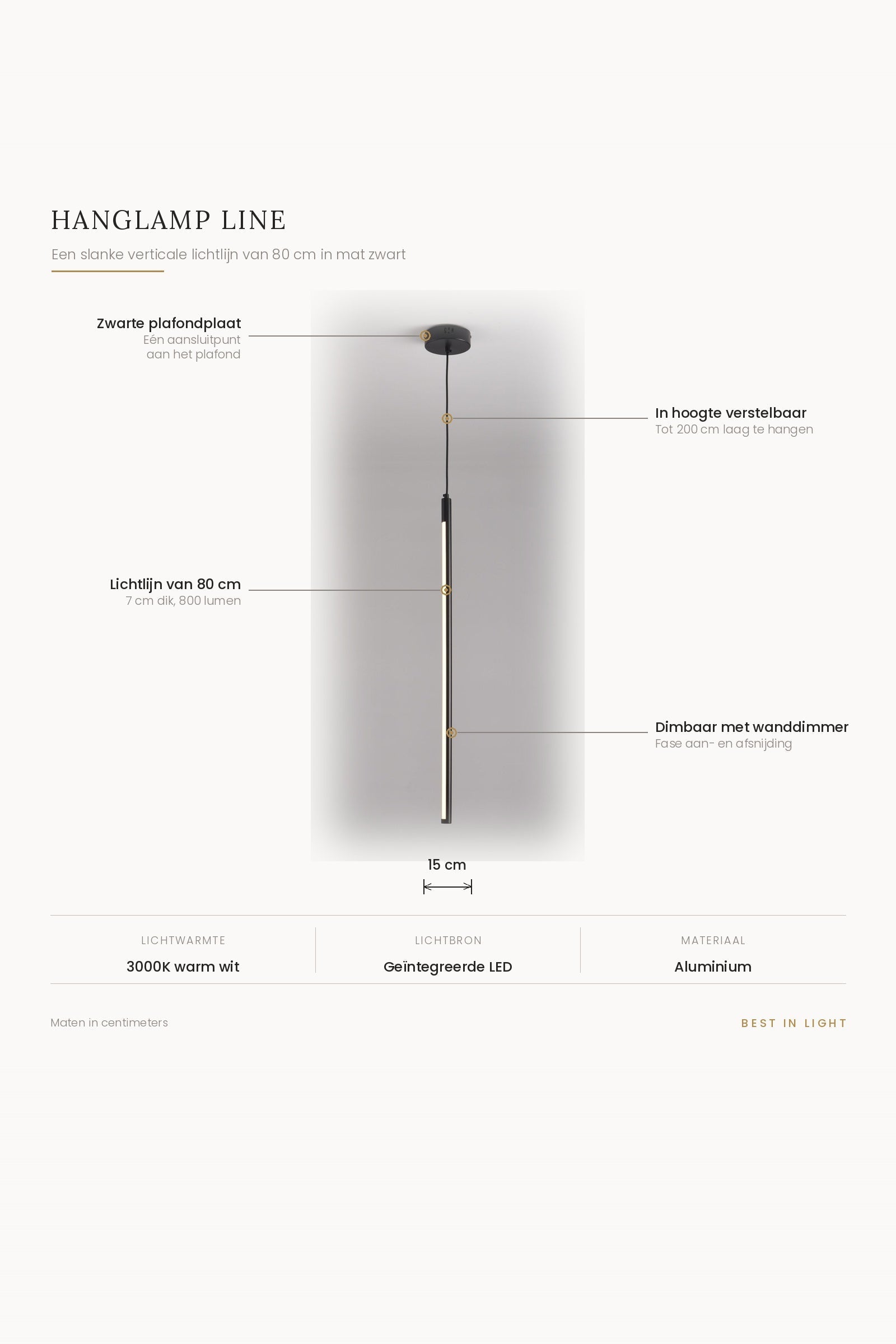Hanglamp Line met maten en kenmerken: lichtlijn van 80 cm en 7 cm dik, plafondplaat van 15 cm, verstelbaar tot 200 cm, 800 lumen