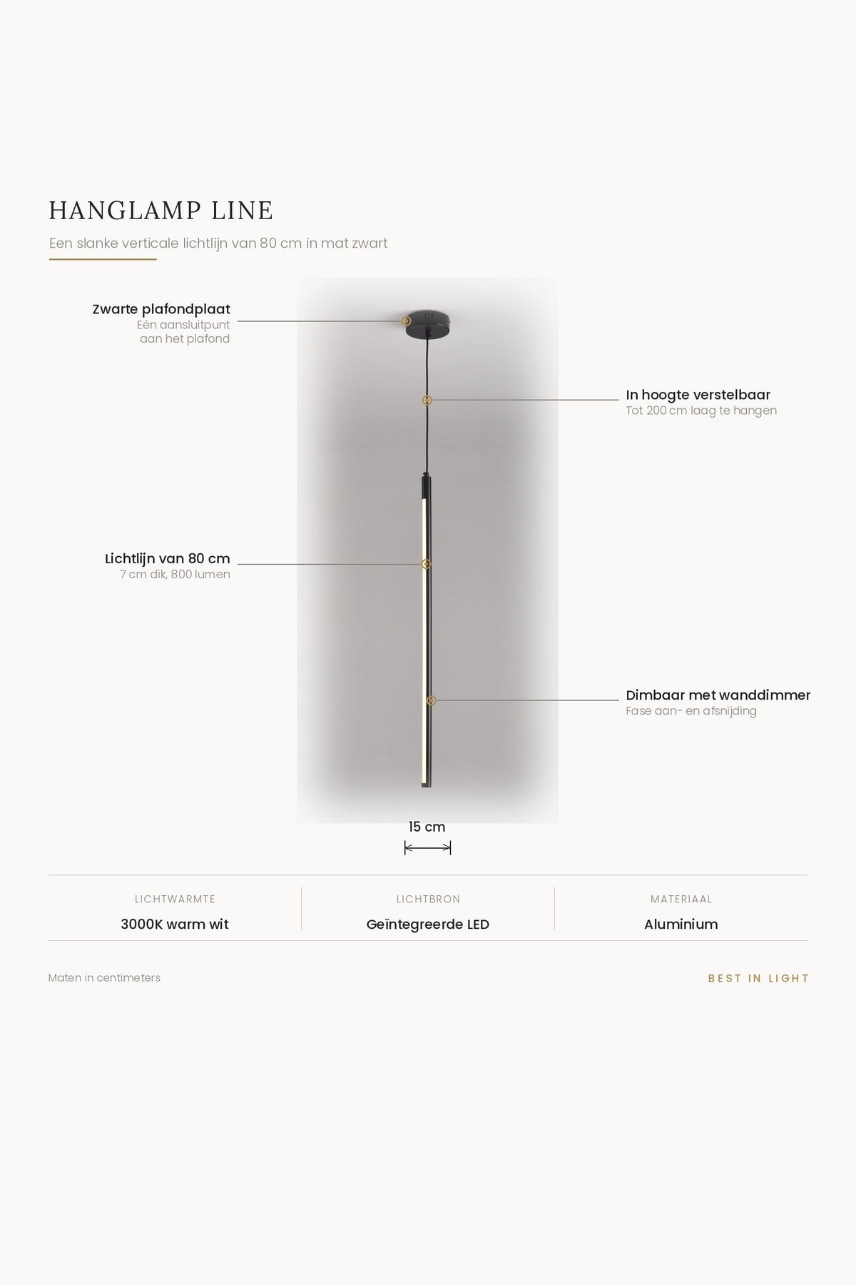 Hanglamp Line met maten en kenmerken: lichtlijn van 80 cm en 7 cm dik, plafondplaat van 15 cm, verstelbaar tot 200 cm, 800 lumen