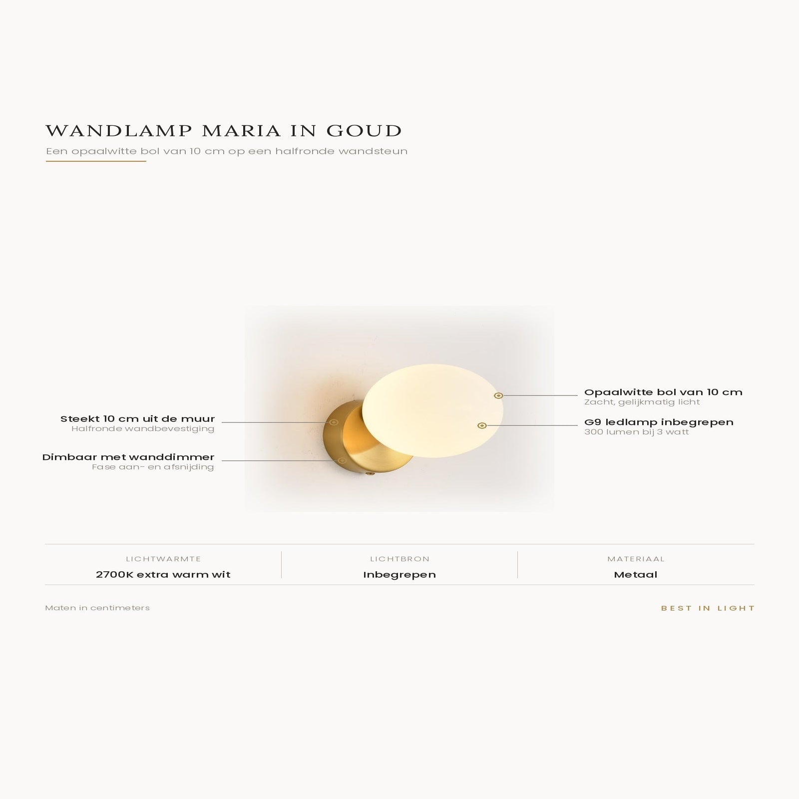 Infographic met maten en kenmerken van wandlamp Maria in goud