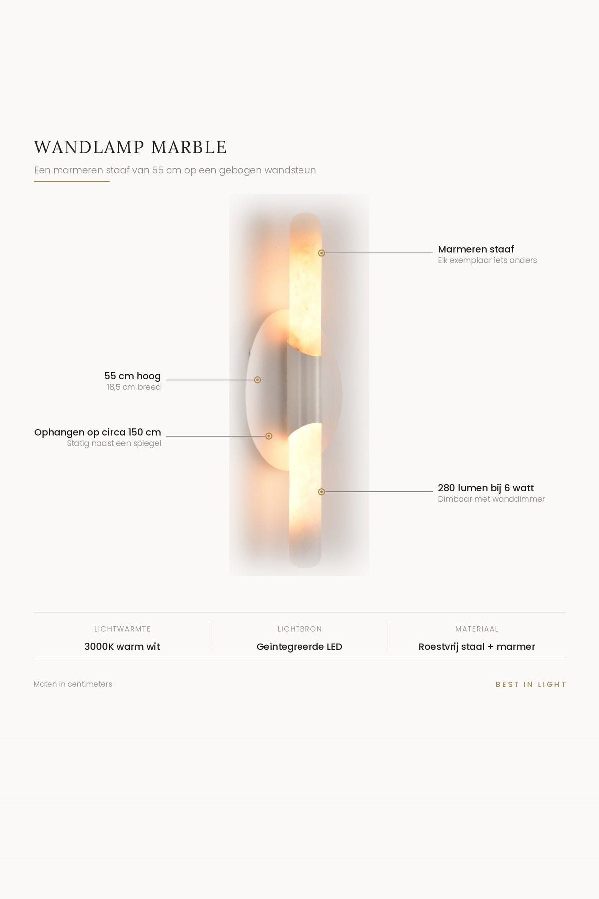 Wandlamp Marble met maten en kenmerken: marmeren staaf van 55 cm hoog en 18,5 cm breed op een gebogen wandsteun, 280 lumen bij 6 watt, dimbaar