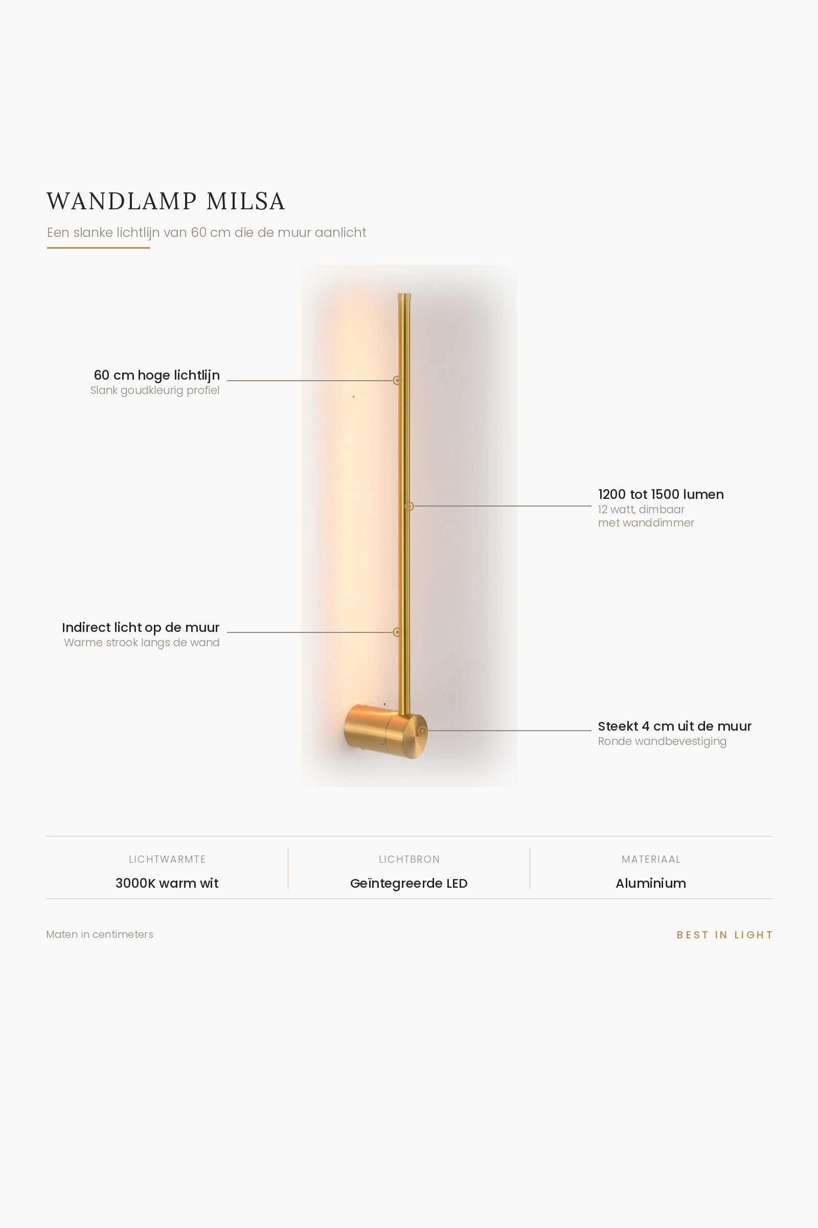Wandlamp Milsa met maten en kenmerken: lichtlijn van 60 cm die de muur aanlicht, steekt 4 cm uit de muur, 1200 tot 1500 lumen bij 12 watt