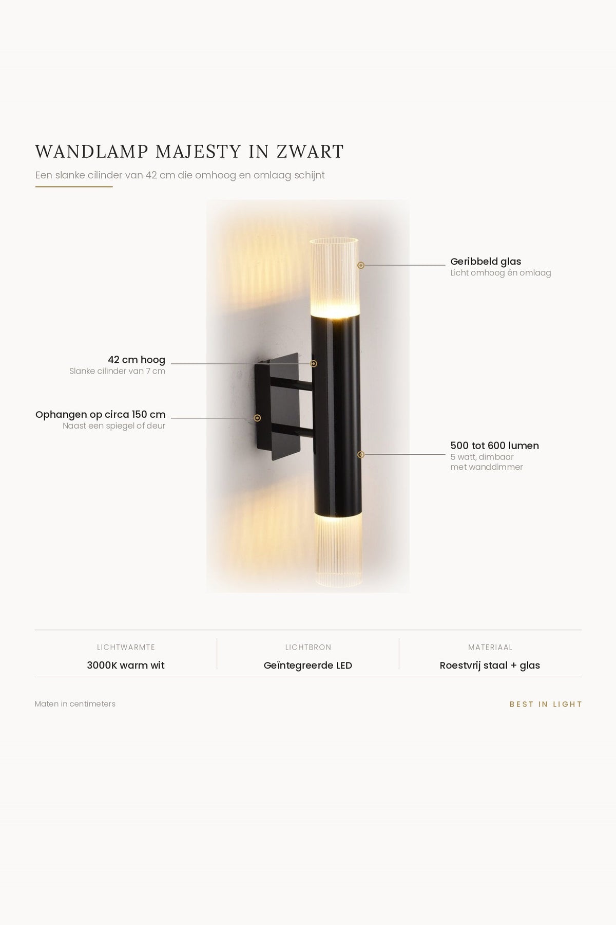 Wandlamp Majesty in zwart met maten en kenmerken: slanke cilinder van 42 cm met geribbeld glas, licht omhoog en omlaag, 500 tot 600 lumen