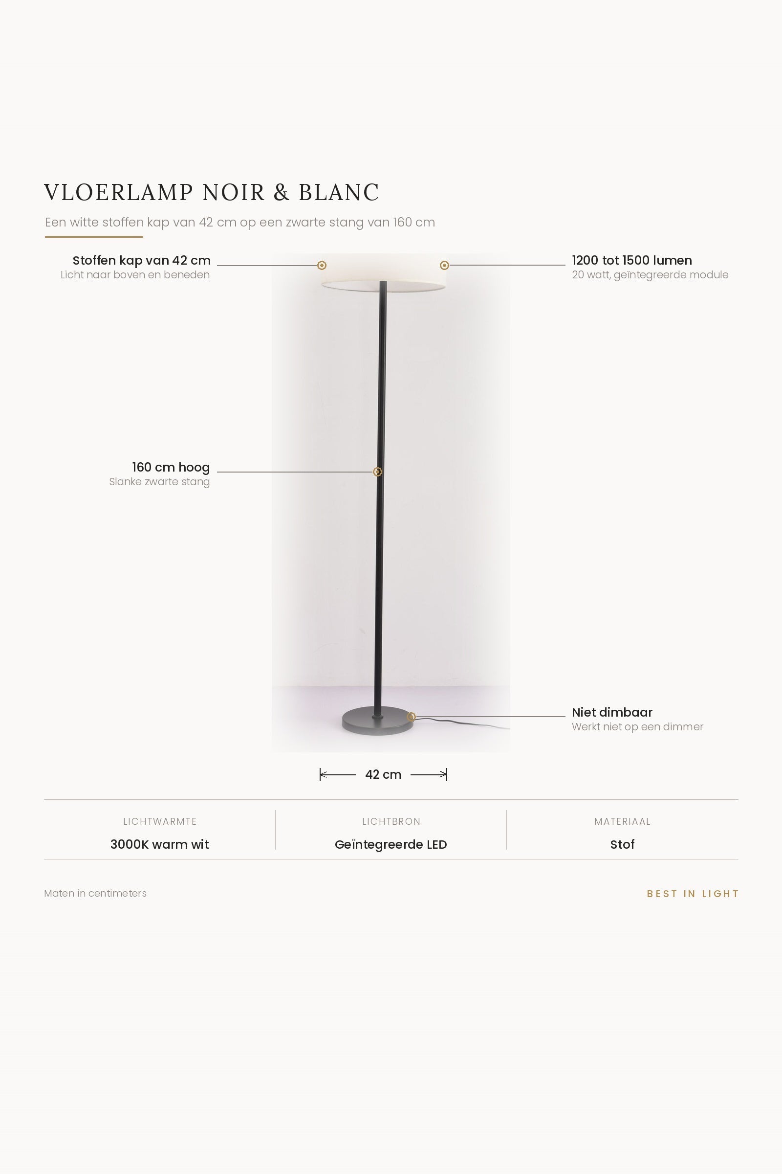 Vloerlamp Noir & Blanc met maten en kenmerken: witte stoffen kap van 42 cm op een zwarte stang van 160 cm, 1200 tot 1500 lumen, niet dimbaar