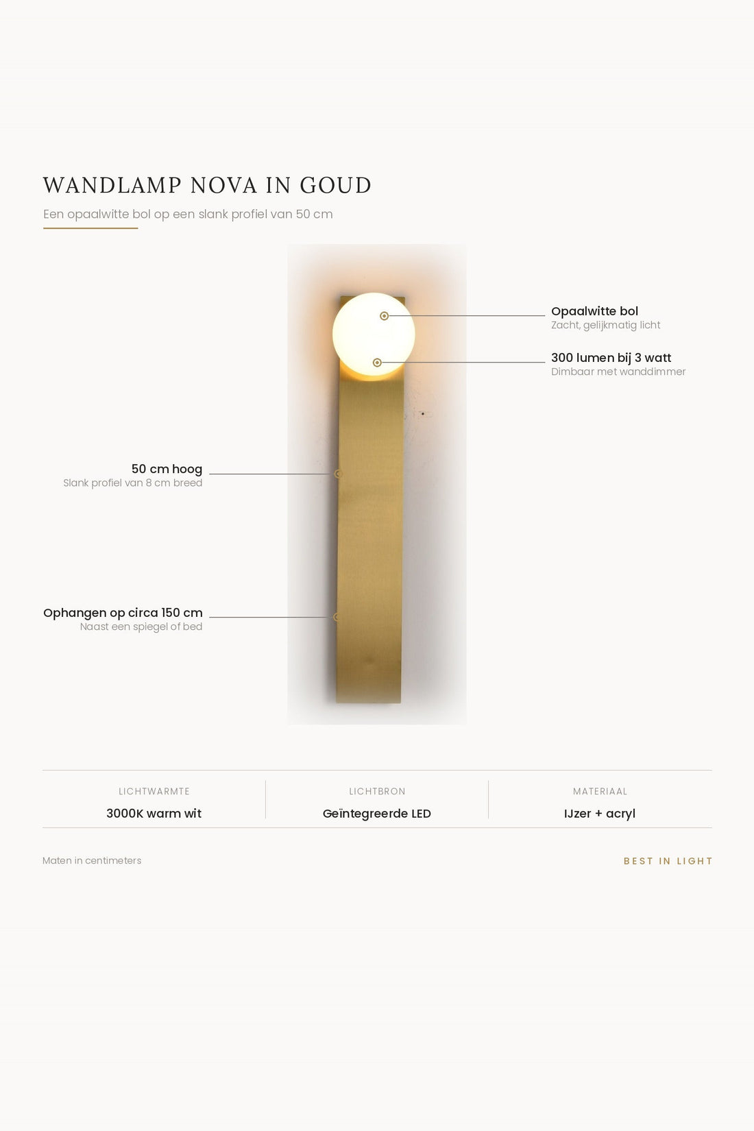 Wandlamp Nova in goud met maten en kenmerken: opaalwitte bol op een slank profiel van 50 cm, 300 lumen bij 3 watt, dimbaar