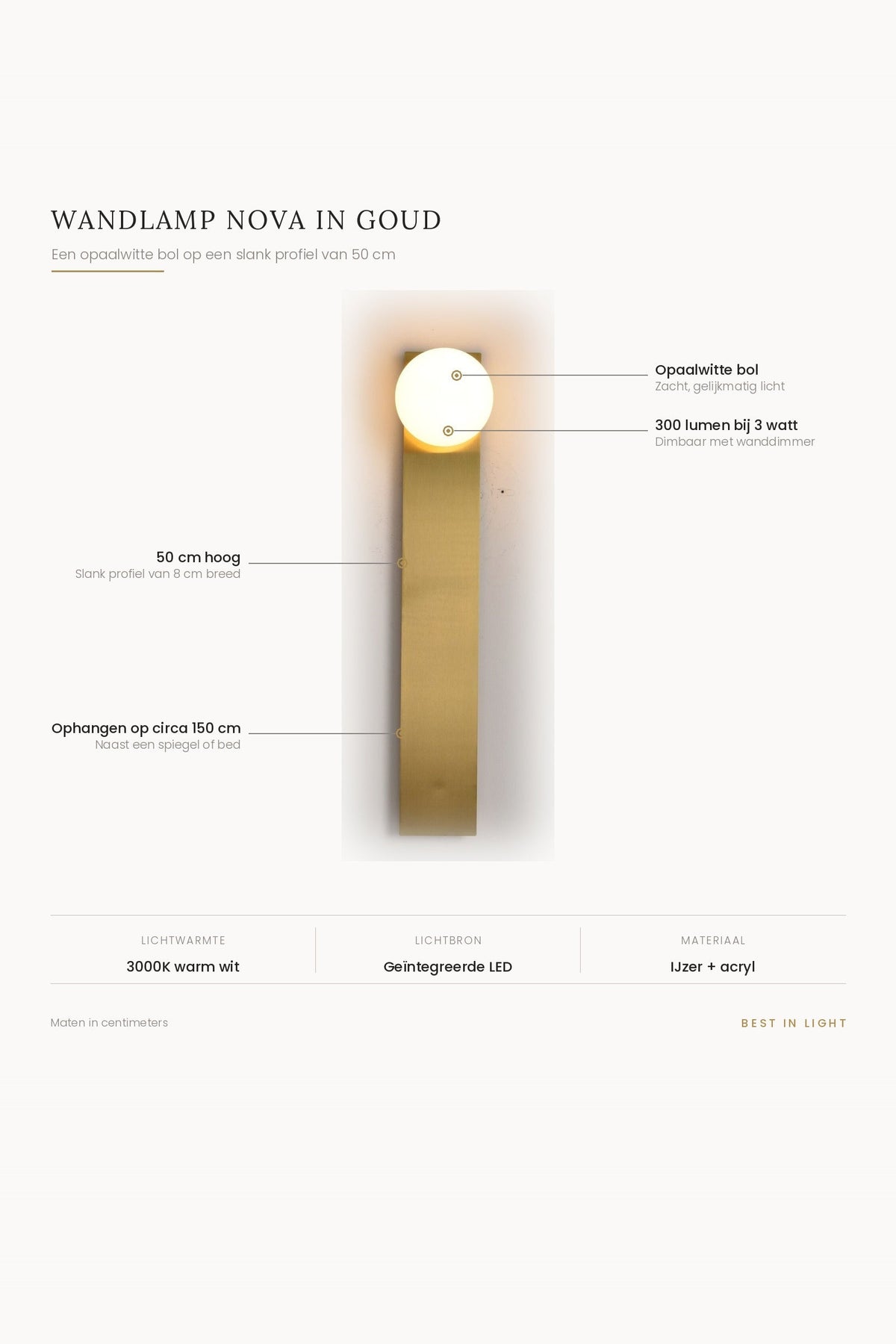Wandlamp Nova in goud met maten en kenmerken: opaalwitte bol op een slank profiel van 50 cm, 300 lumen bij 3 watt, dimbaar