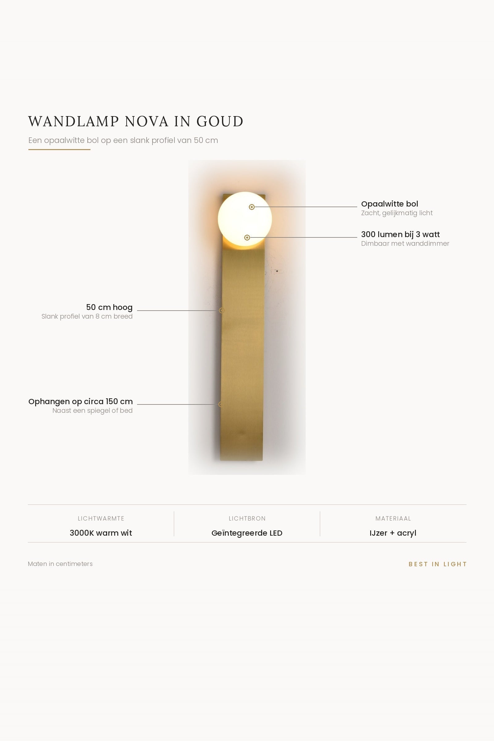 Wandlamp Nova in goud met maten en kenmerken: opaalwitte bol op een slank profiel van 50 cm, 300 lumen bij 3 watt, dimbaar