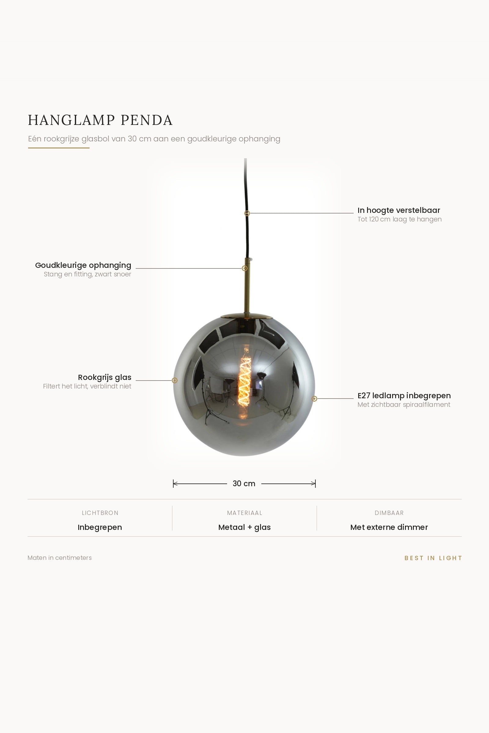 Hanglamp Penda met maten en kenmerken: rookgrijze glasbol van 30 cm, goudkleurige ophanging, verstelbaar tot 120 cm, E27 ledlamp inbegrepen