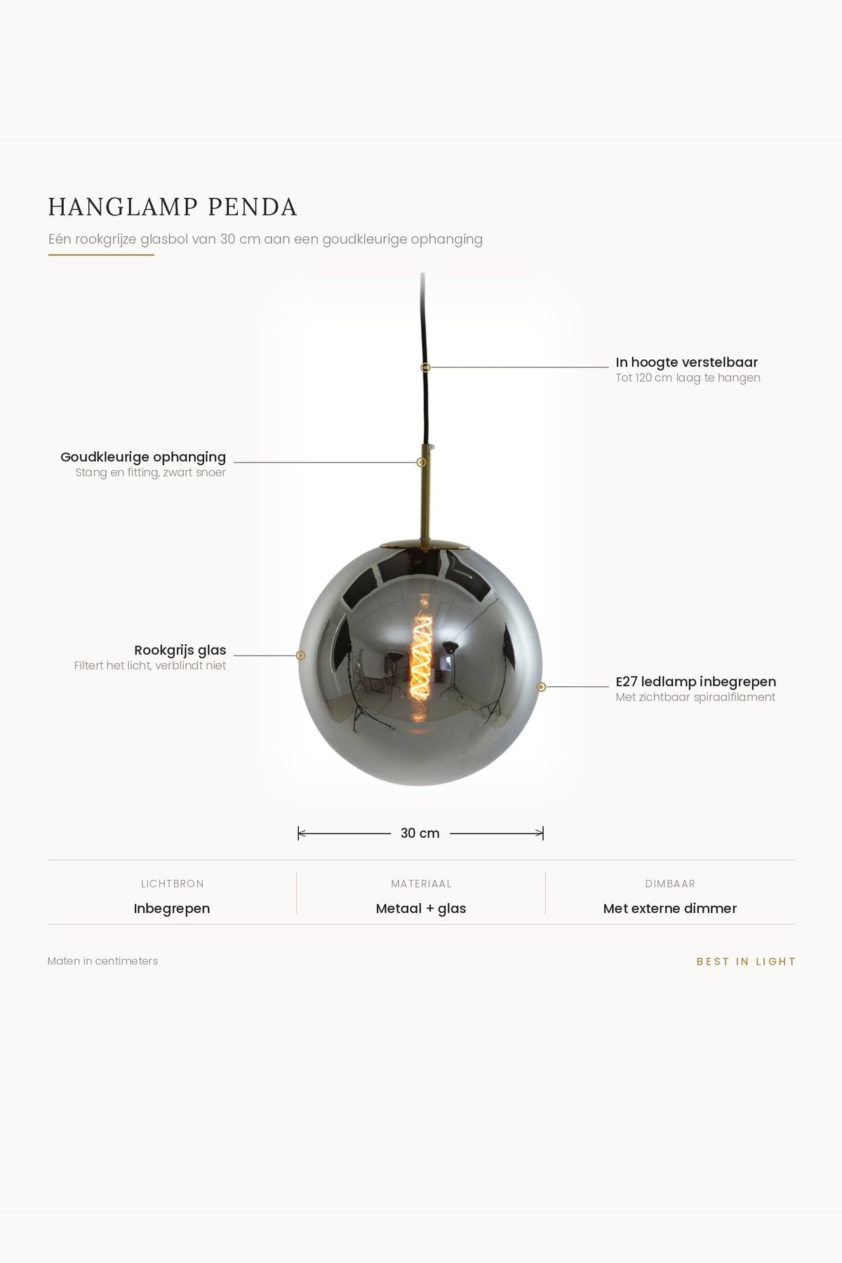 Hanglamp Penda met maten en kenmerken: rookgrijze glasbol van 30 cm, goudkleurige ophanging, verstelbaar tot 120 cm, E27 ledlamp inbegrepen