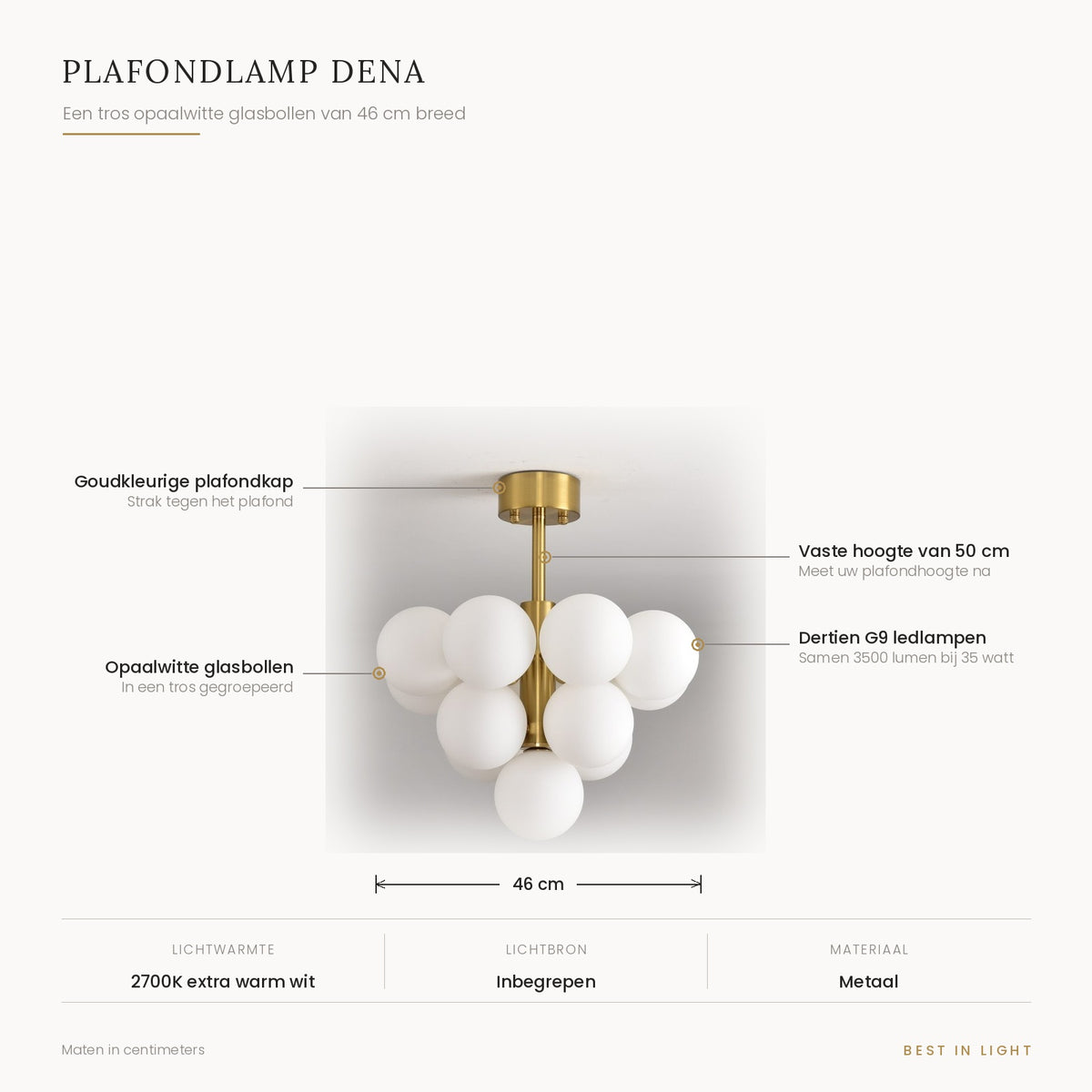 Plafondlamp Dena met maten en kenmerken: tros opaalwitte glasbollen van 46 cm breed, vaste hoogte 50 cm, dertien G9 ledlampen samen 3500 lumen