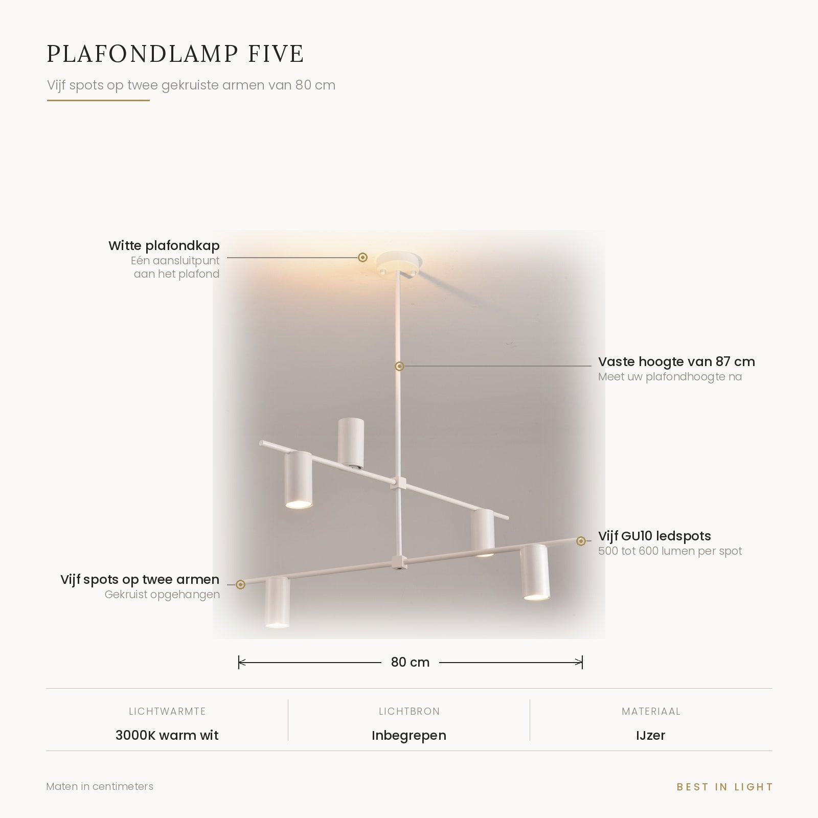 Plafondlamp Five met maten en kenmerken: vijf GU10 spots op twee gekruiste armen van 80 cm, vaste hoogte 87 cm, 500 tot 600 lumen per spot