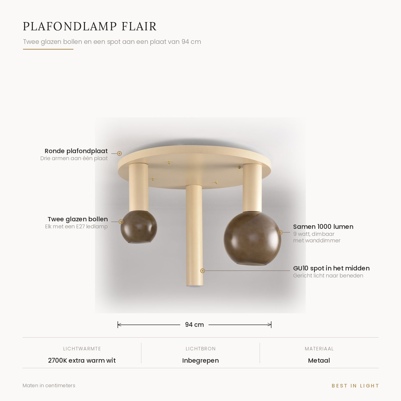 Plafondlamp Flair met maten en kenmerken: plafondplaat van 94 cm met twee glazen bollen en een GU10 spot, samen 1000 lumen bij 9 watt
