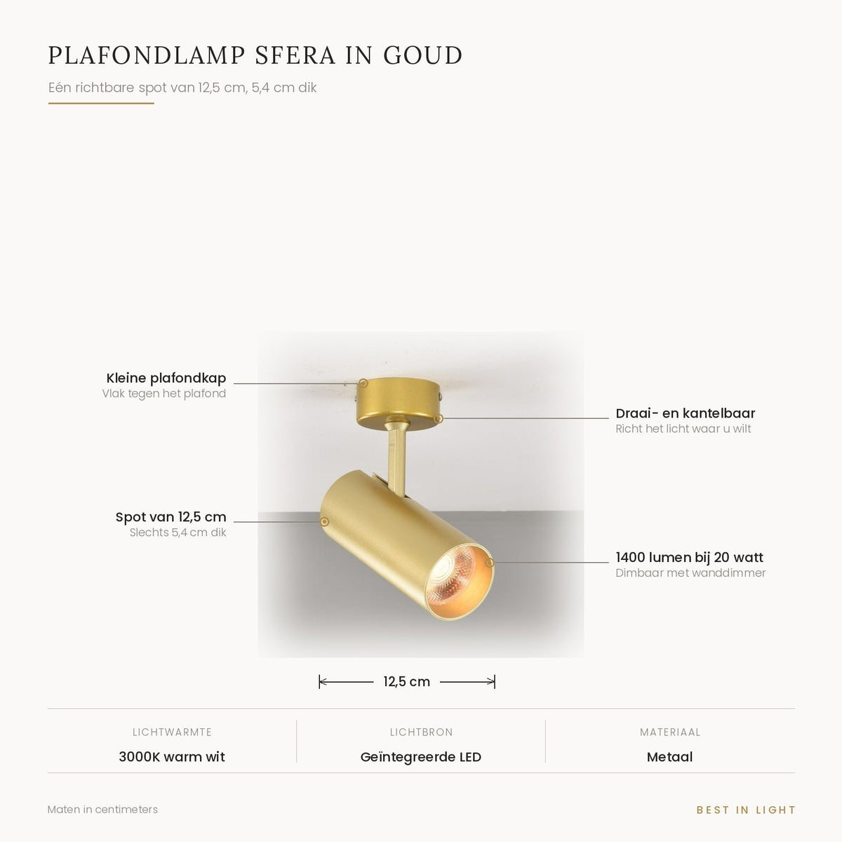 Plafondlamp Sfera in goud met maten en kenmerken: richtbare spot van 12,5 cm, 5,4 cm dik, 1400 lumen bij 20 watt, dimbaar