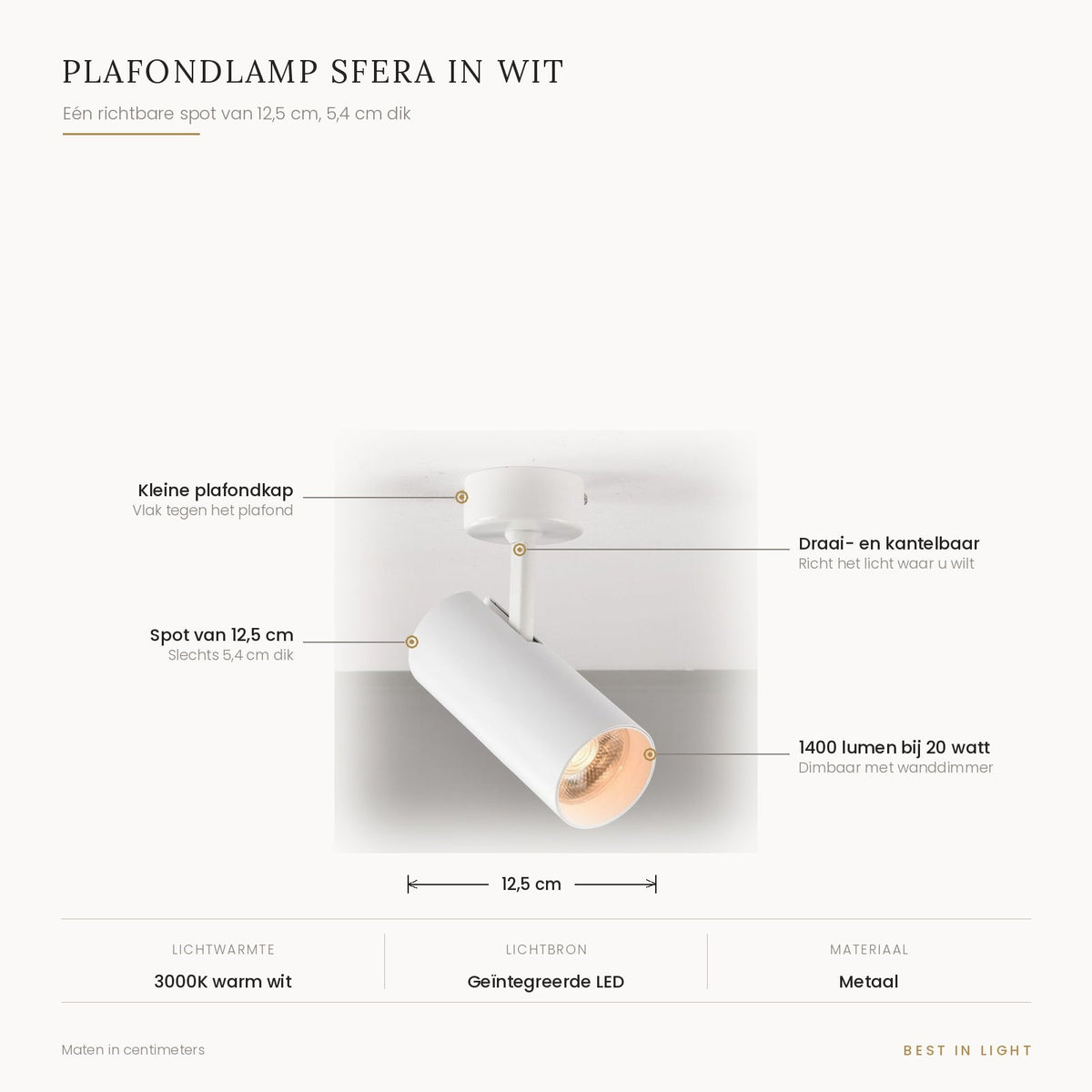 Plafondlamp Sfera in wit met maten en kenmerken: richtbare spot van 12,5 cm, 5,4 cm dik, 1400 lumen bij 20 watt, dimbaar