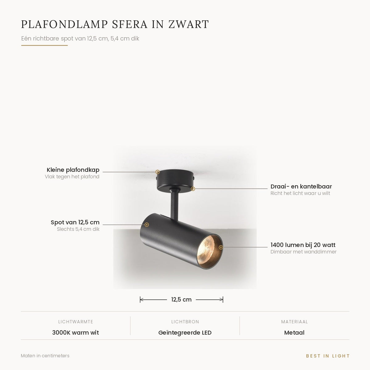 Plafondlamp Sfera in zwart met maten en kenmerken: richtbare spot van 12,5 cm, 5,4 cm dik, 1400 lumen bij 20 watt, dimbaar