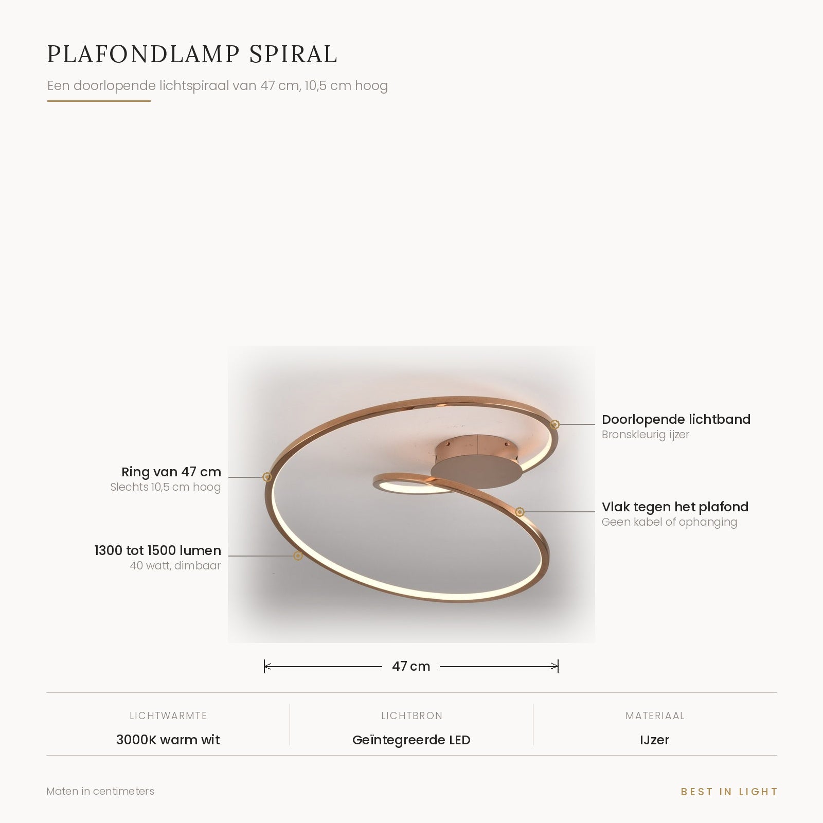 Plafondlamp Spiral met maten en kenmerken: doorlopende lichtspiraal van 47 cm, 10,5 cm hoog, 1300 tot 1500 lumen bij 40 watt, dimbaar