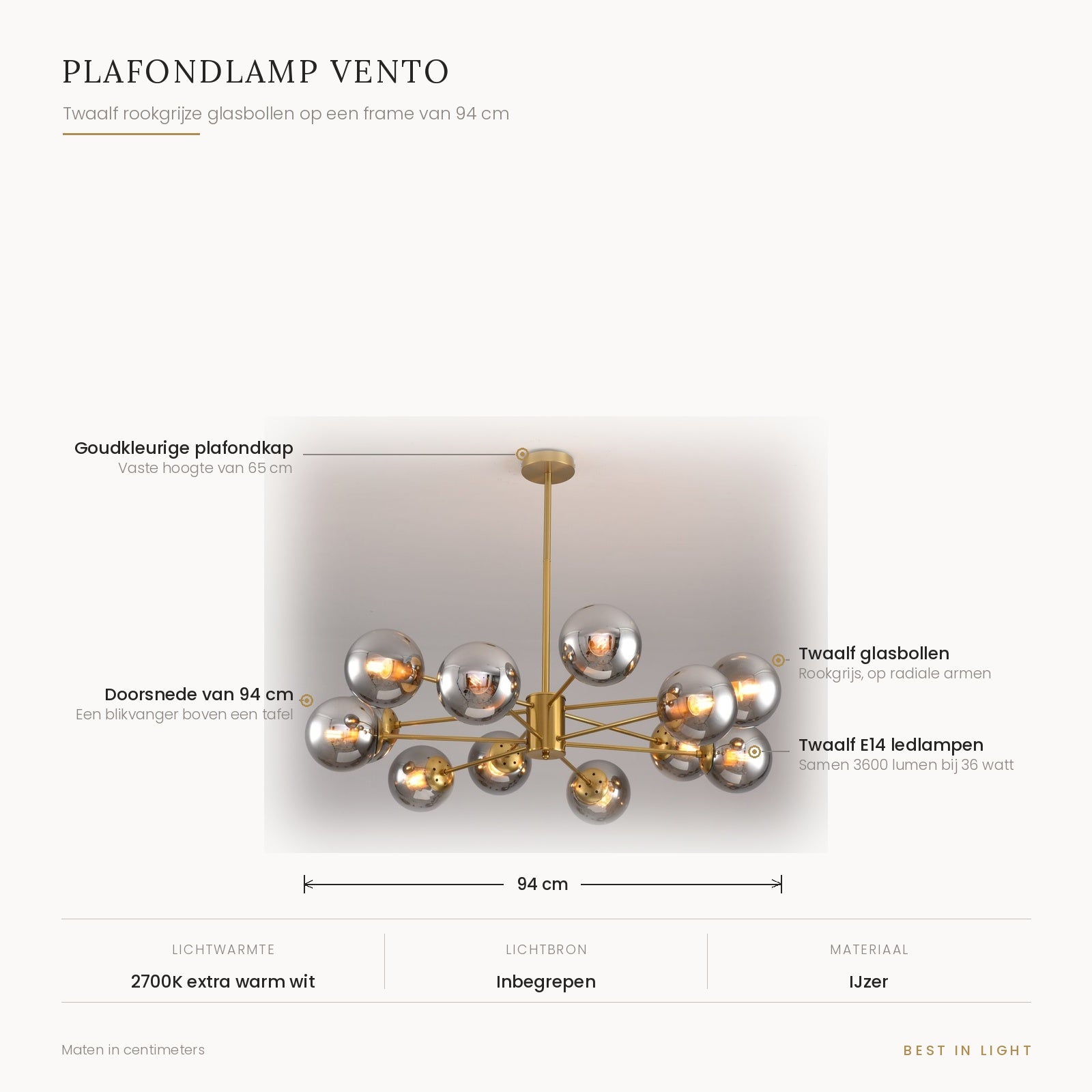 Plafondlamp Vento met maten en kenmerken: twaalf rookgrijze glasbollen op een frame van 94 cm, vaste hoogte 65 cm, samen 3600 lumen bij 36 watt