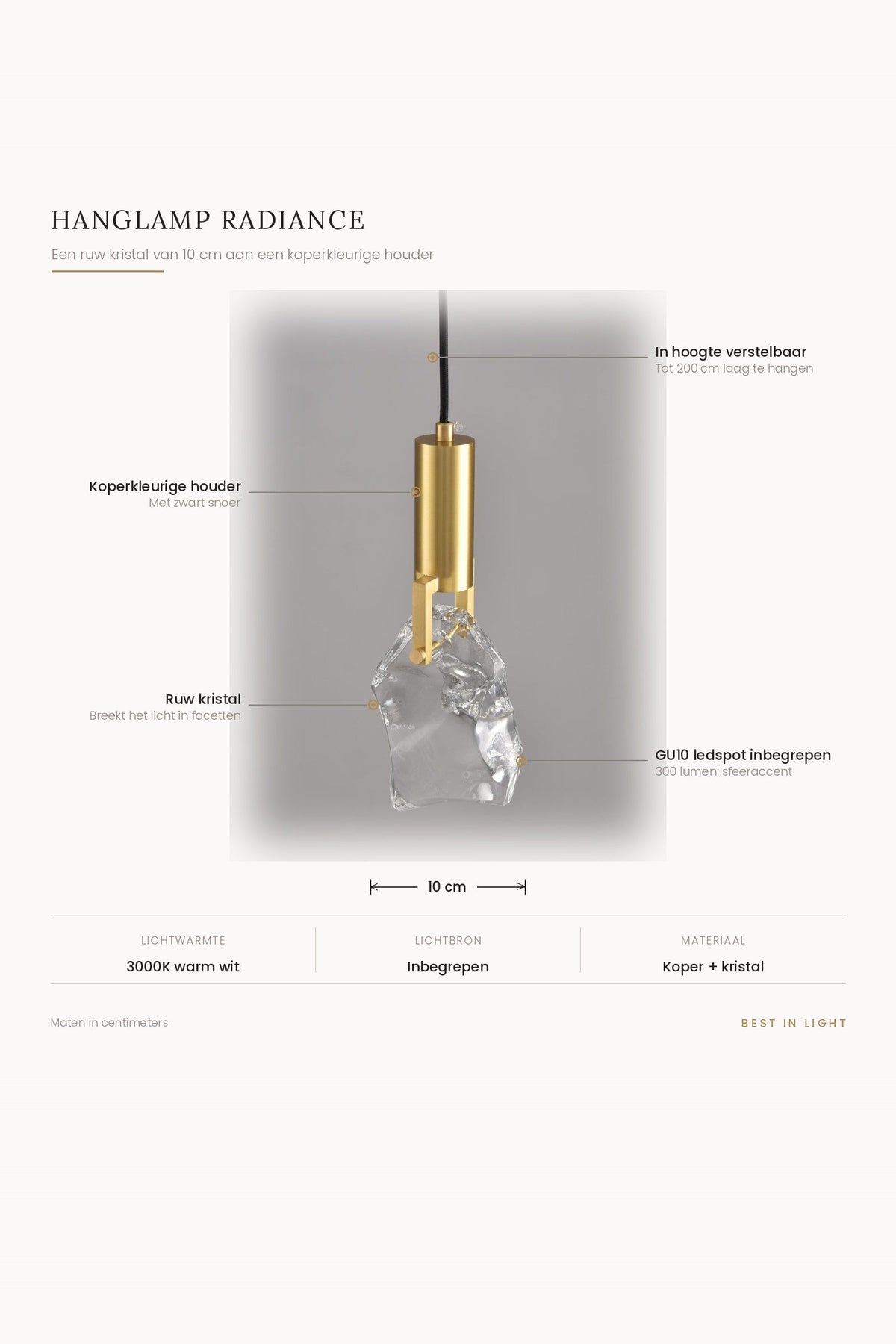 Hanglamp Radiance met maten en kenmerken: ruw kristal van 10 cm, koperkleurige houder, verstelbaar tot 200 cm, GU10 ledspot van 300 lumen