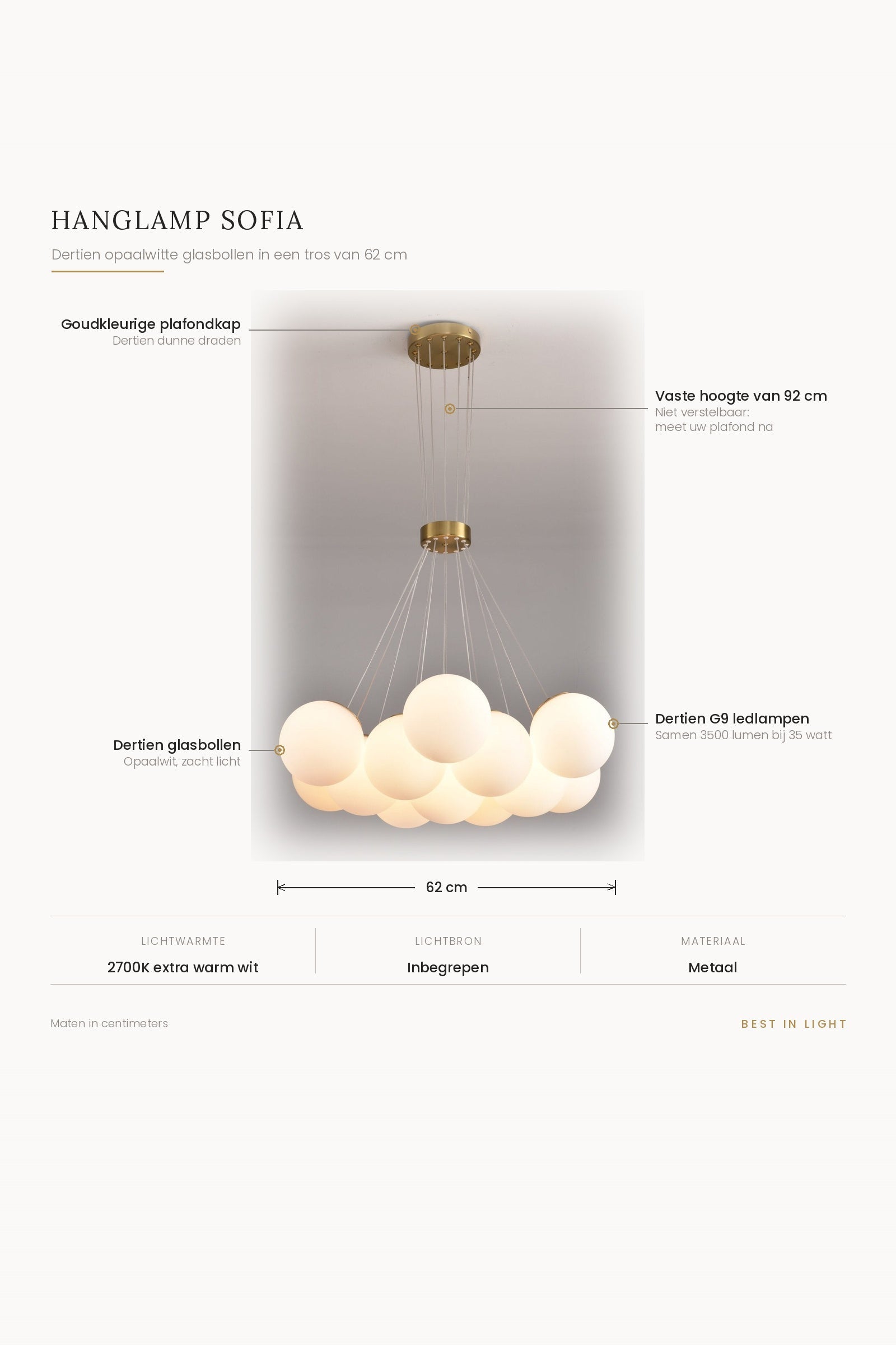 Hanglamp Sofia met maten en kenmerken: dertien opaalwitte glasbollen in een tros van 62 cm, vaste hoogte 92 cm, samen 3500 lumen