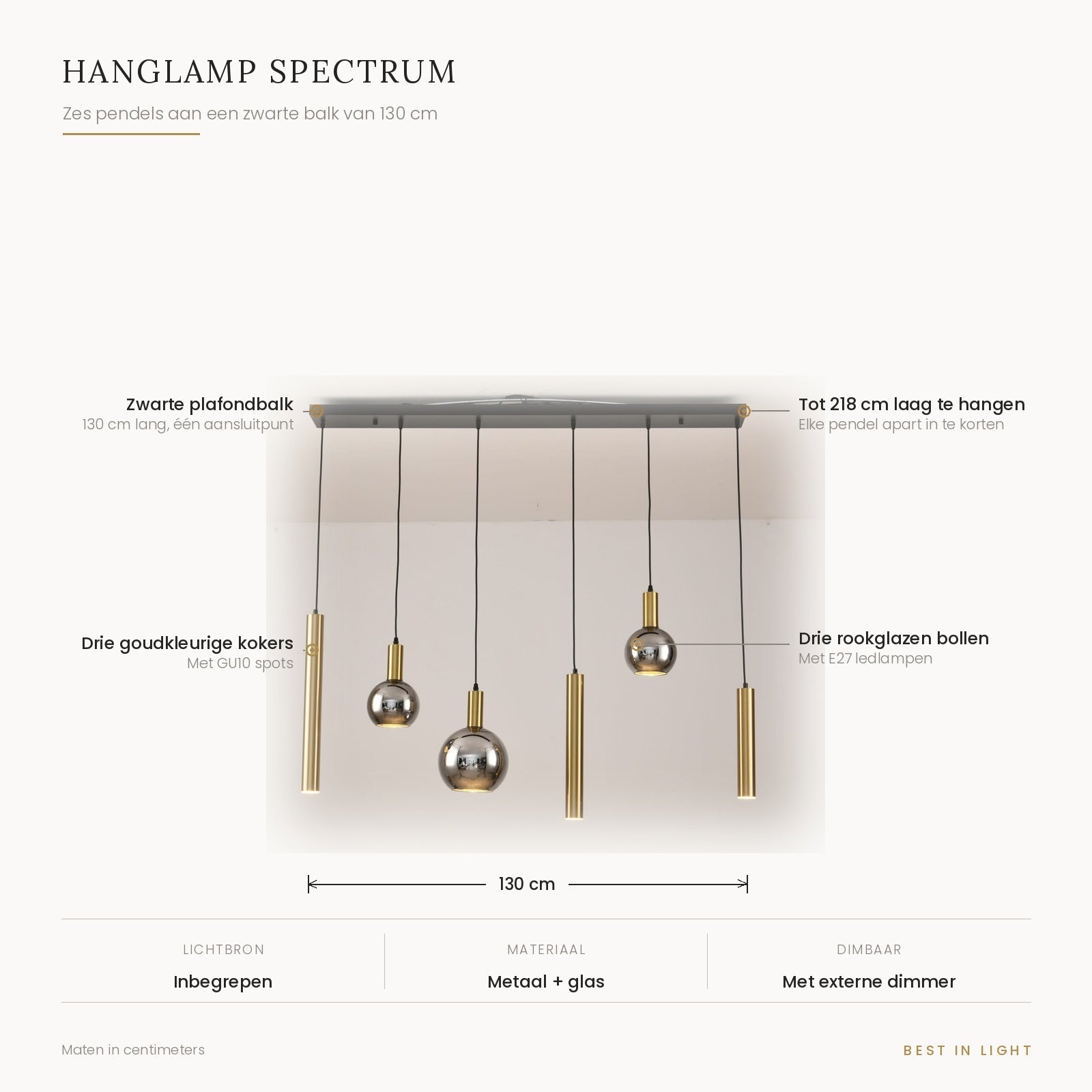 Hanglamp Spectrum met maten en kenmerken: zes pendels aan een zwarte balk van 130 cm, drie kokers met GU10 spots en drie rookglazen bollen, tot 218 cm