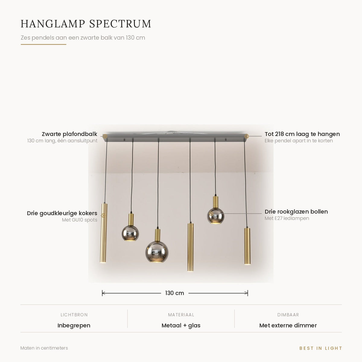 Hanglamp Spectrum met maten en kenmerken: zes pendels aan een zwarte balk van 130 cm, drie kokers met GU10 spots en drie rookglazen bollen, tot 218 cm