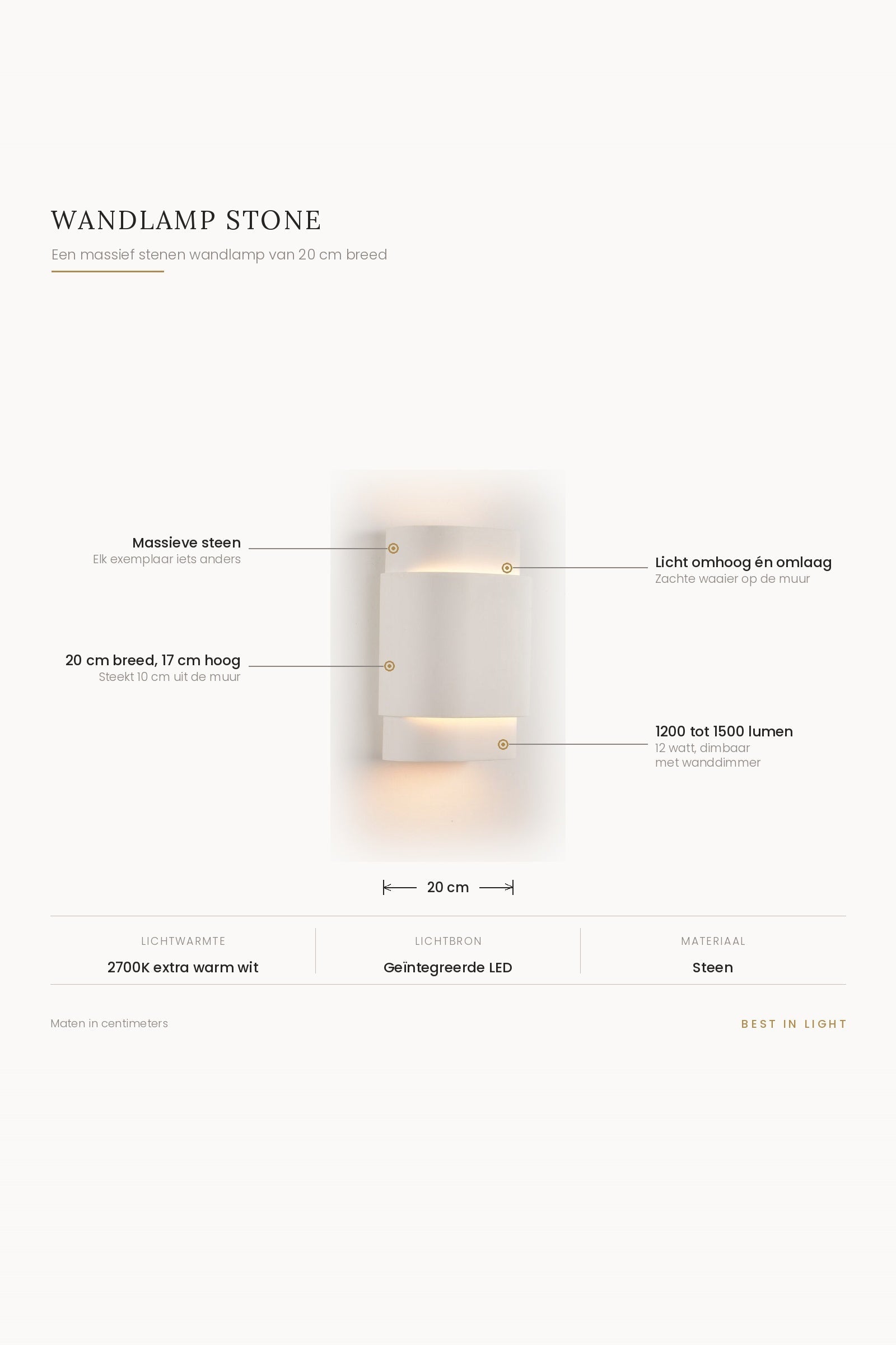 Wandlamp Stone met maten en kenmerken: massief stenen wandlamp van 20 cm breed en 17 cm hoog, licht omhoog en omlaag, 1200 tot 1500 lumen