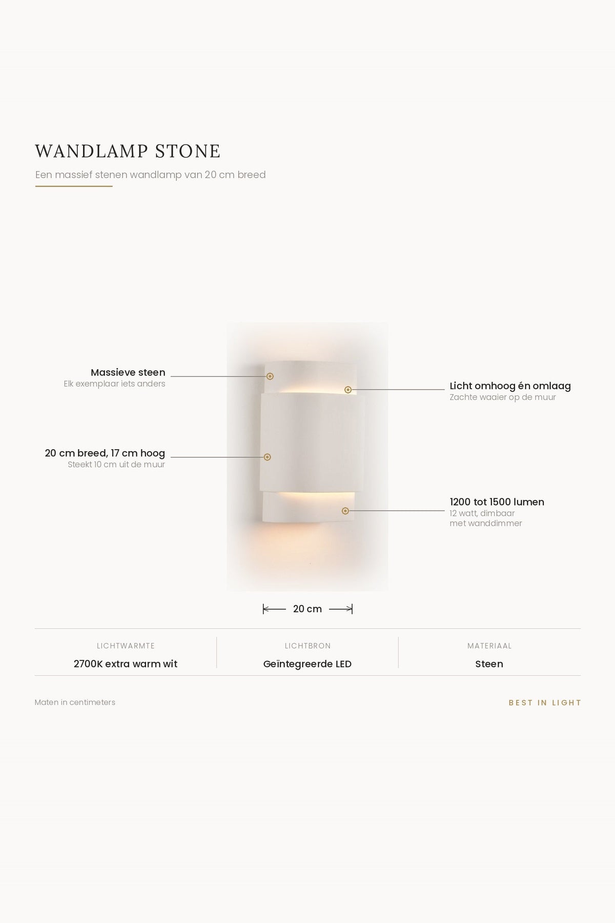 Wandlamp Stone met maten en kenmerken: massief stenen wandlamp van 20 cm breed en 17 cm hoog, licht omhoog en omlaag, 1200 tot 1500 lumen