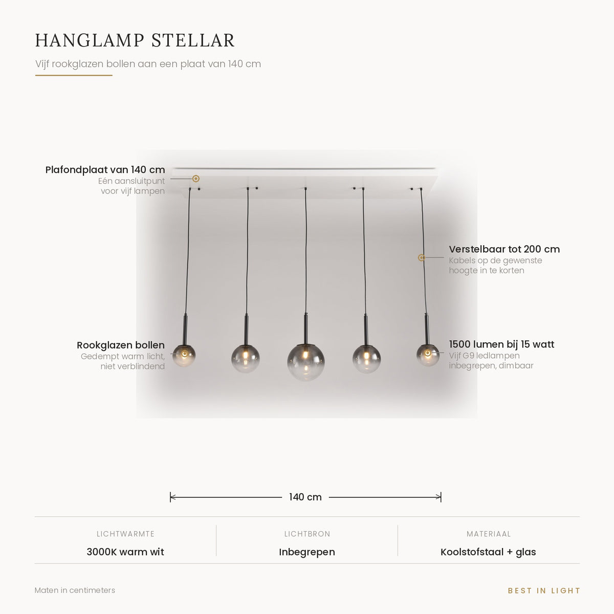 Infographic met maten en kenmerken van hanglamp Stellar