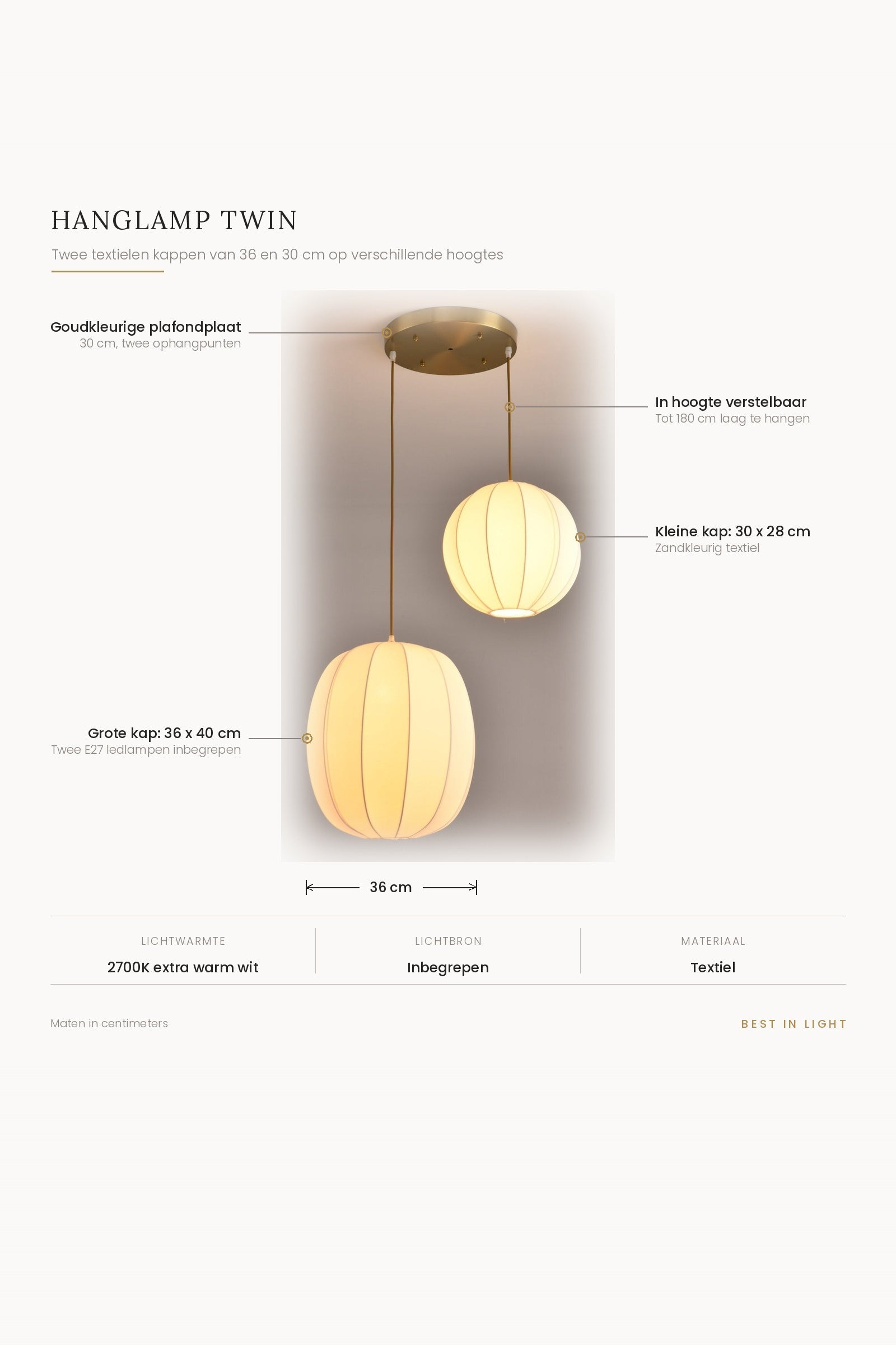 Hanglamp Twin met maten en kenmerken: twee textielen kappen van 36 en 30 cm, plafondplaat van 30 cm, verstelbaar tot 180 cm
