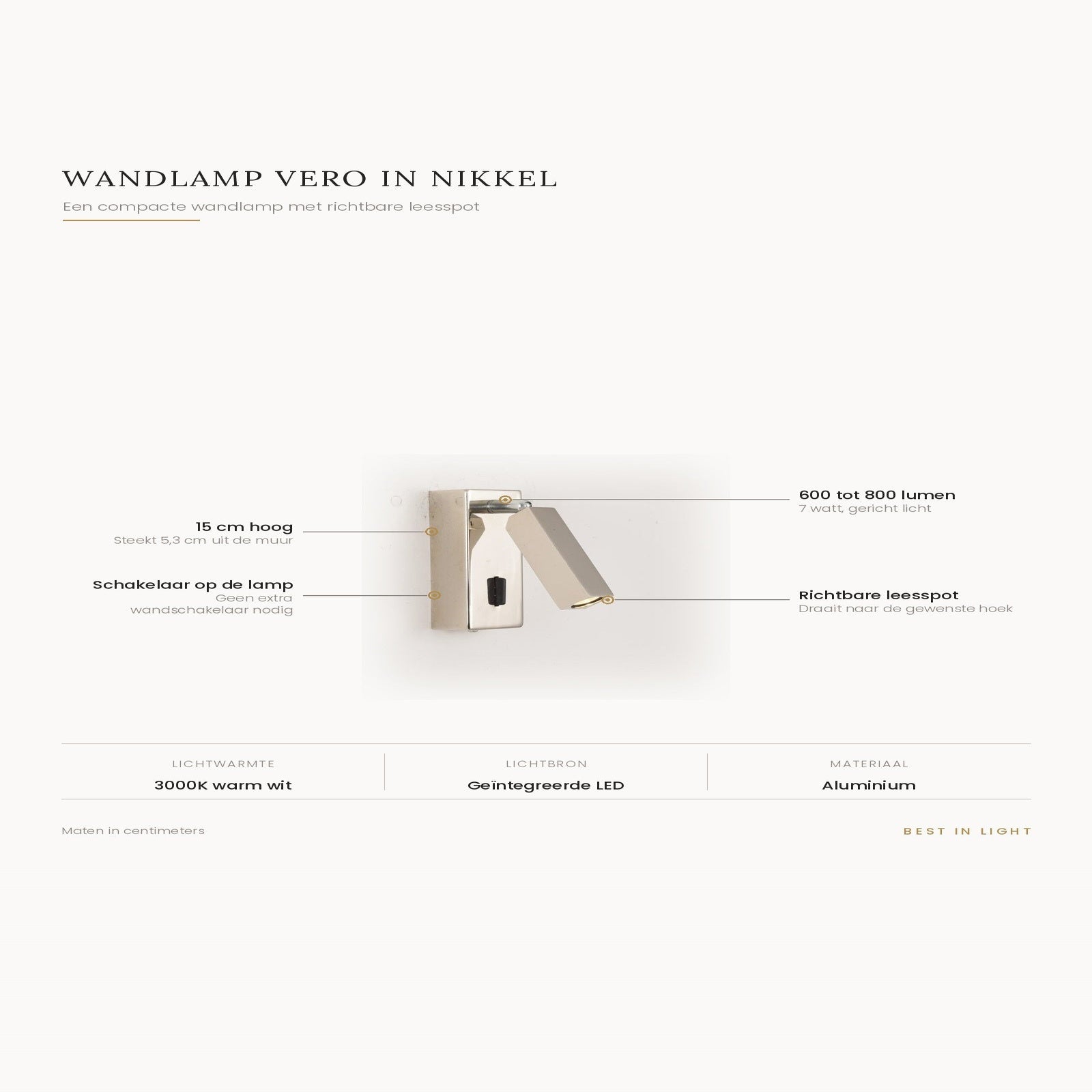 Infographic met maten en kenmerken van wandlamp Vero in nikkel