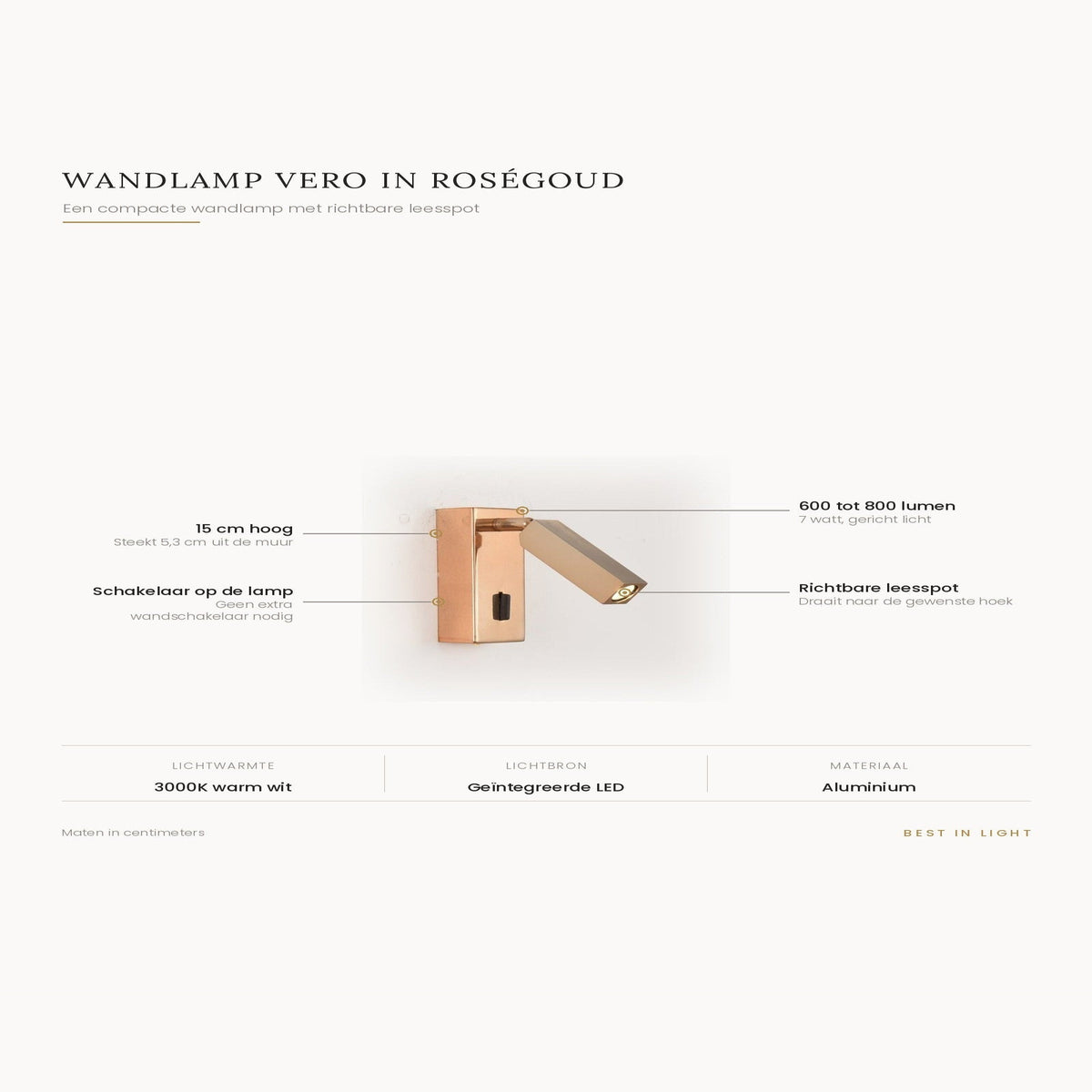 Infographic met maten en kenmerken van wandlamp Vero in rosegoud