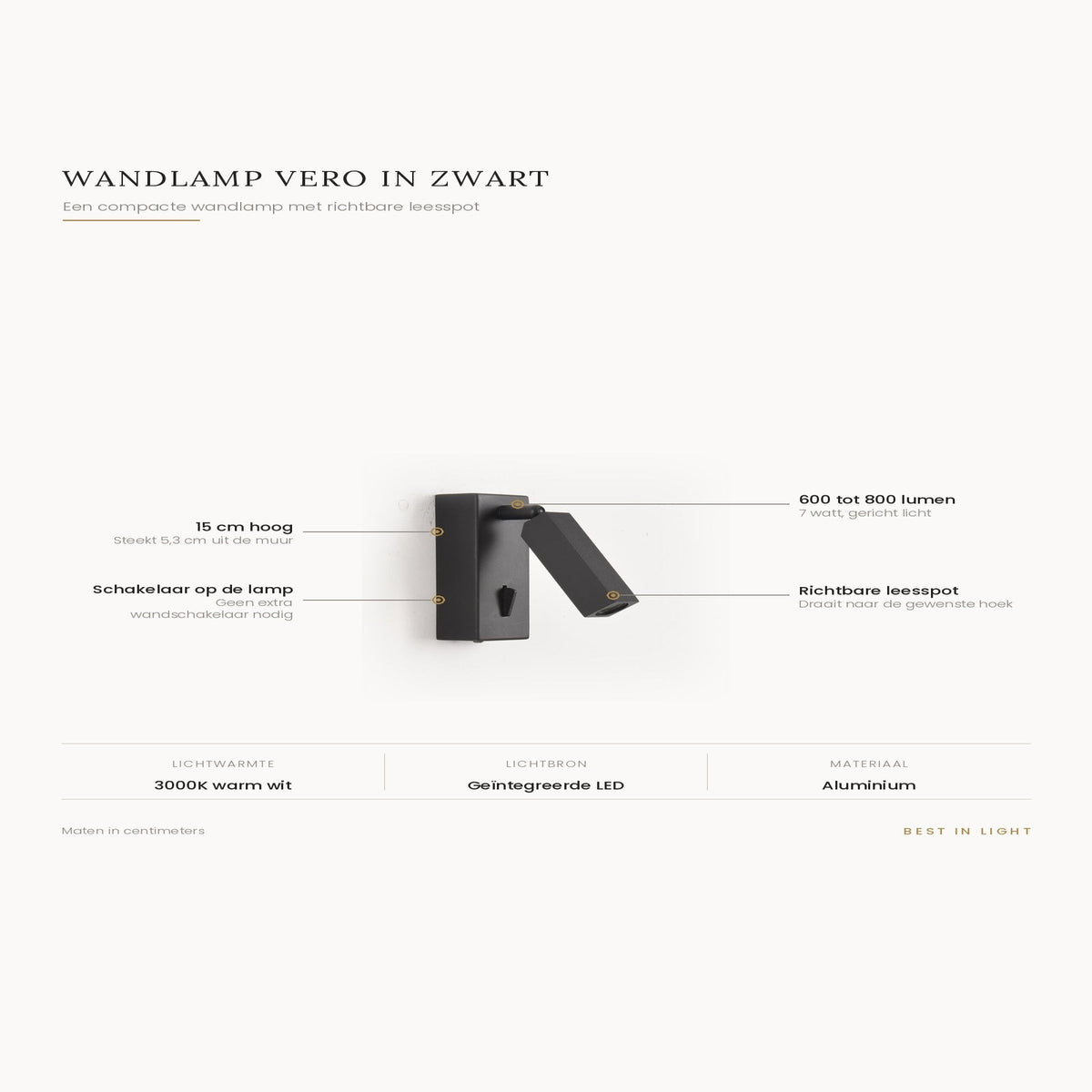 Infographic met maten en kenmerken van wandlamp Vero in zwart