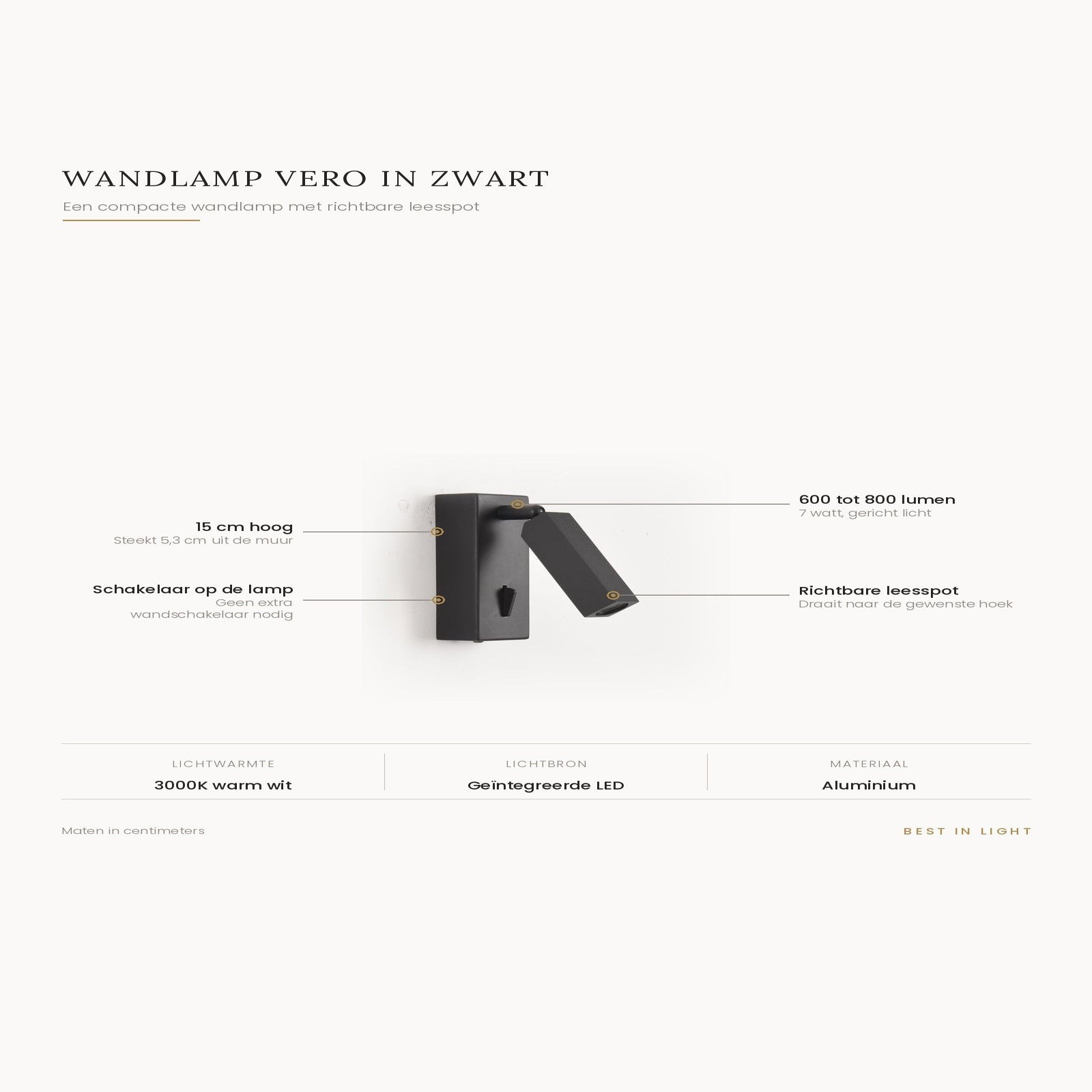 Infographic met maten en kenmerken van wandlamp Vero in zwart