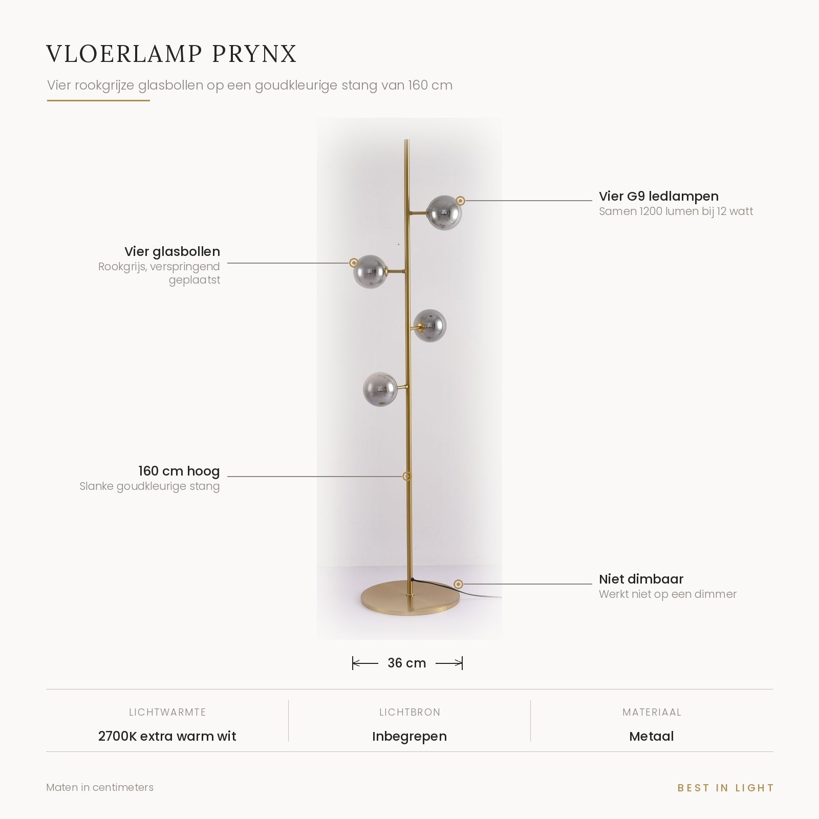 Vloerlamp Prynx met maten en kenmerken: vier rookgrijze glasbollen, 36 cm breed en 160 cm hoog, samen 1200 lumen, niet dimbaar
