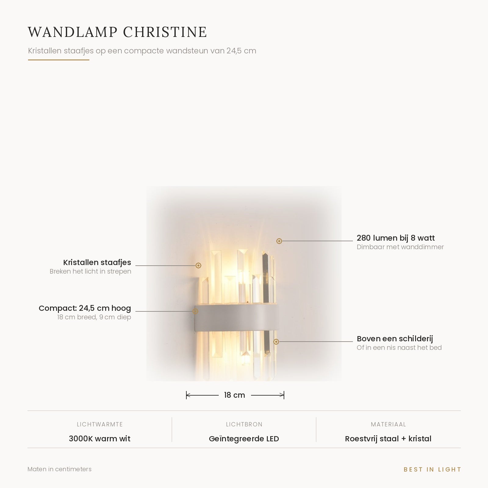 Wandlamp Christine met maten en kenmerken: kristallen staafjes op een compacte wandsteun van 24,5 cm hoog en 18 cm breed, 280 lumen, dimbaar