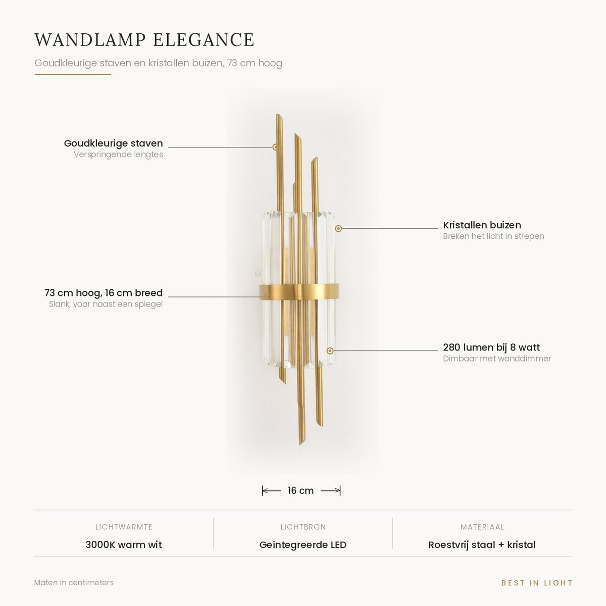 Wandlamp Elegance met maten en kenmerken: goudkleurige staven en kristallen buizen, 73 cm hoog en 16 cm breed, 280 lumen bij 8 watt, dimbaar