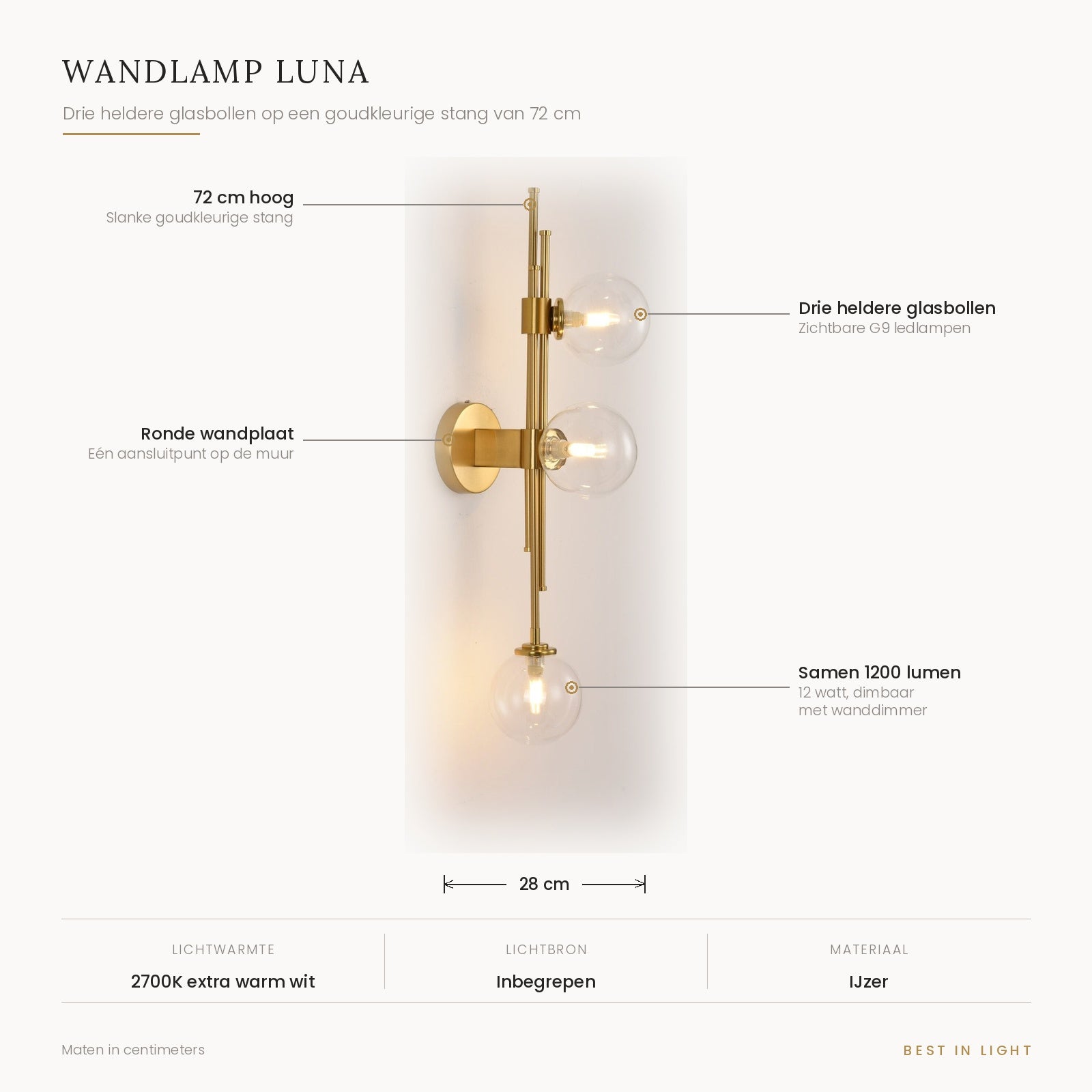 Wandlamp Luna met maten en kenmerken: 28 cm breed, 72 cm hoog, drie heldere glasbollen, samen 1200 lumen bij 12 watt